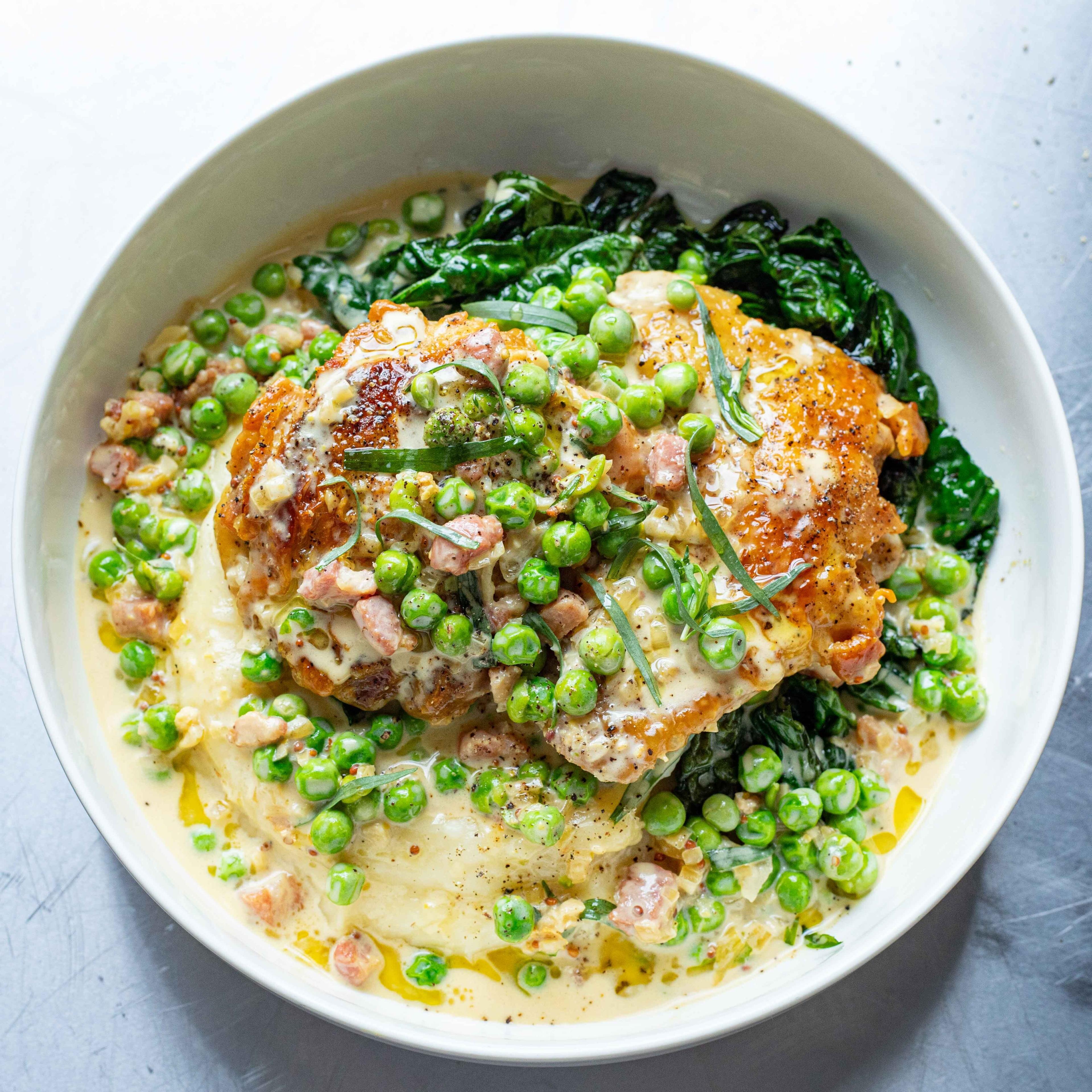 Honey Mustard Chicken with Peas and Pancetta