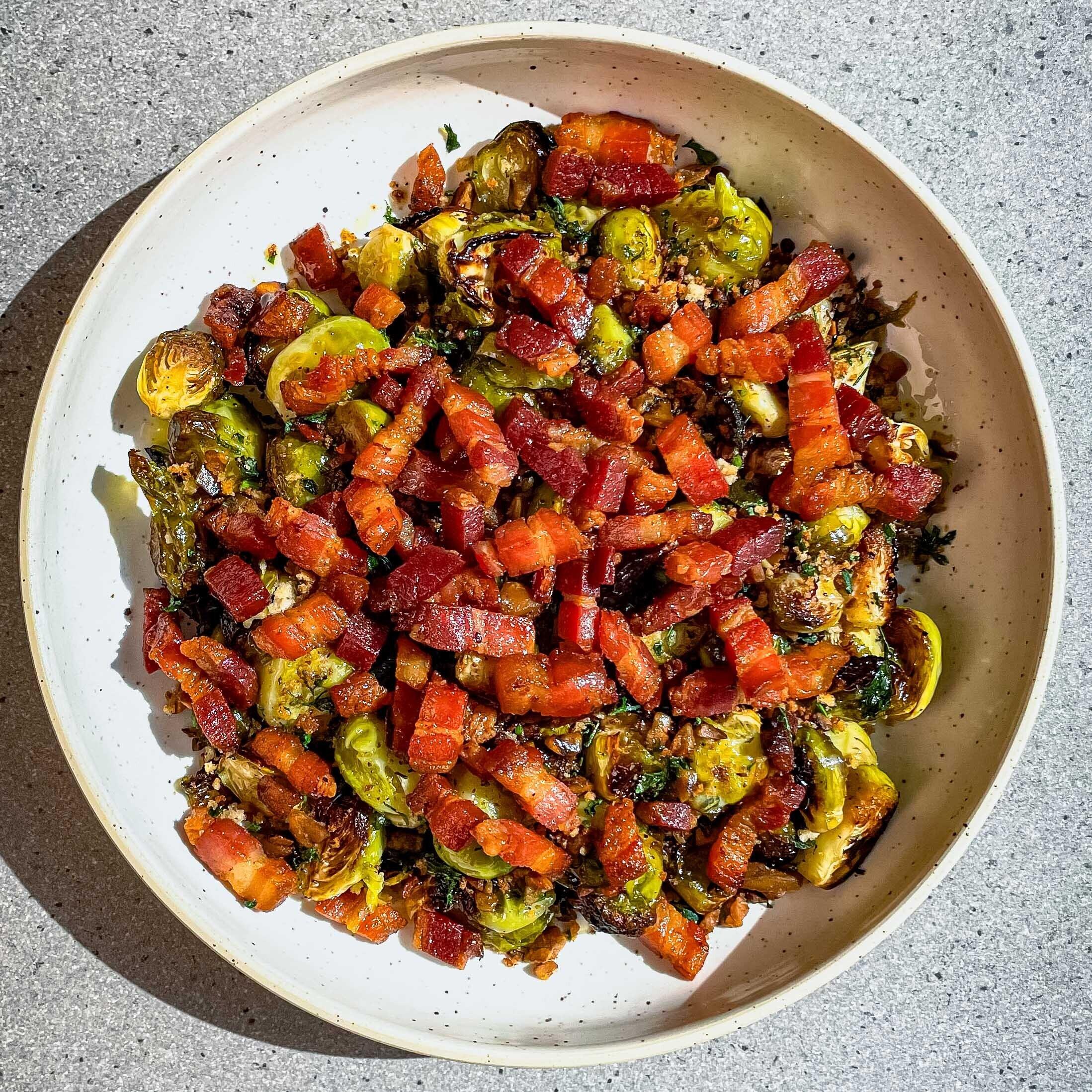 Laurent Roasted Brussels Sprouts with Chestnut Crumble Smoked Bacon