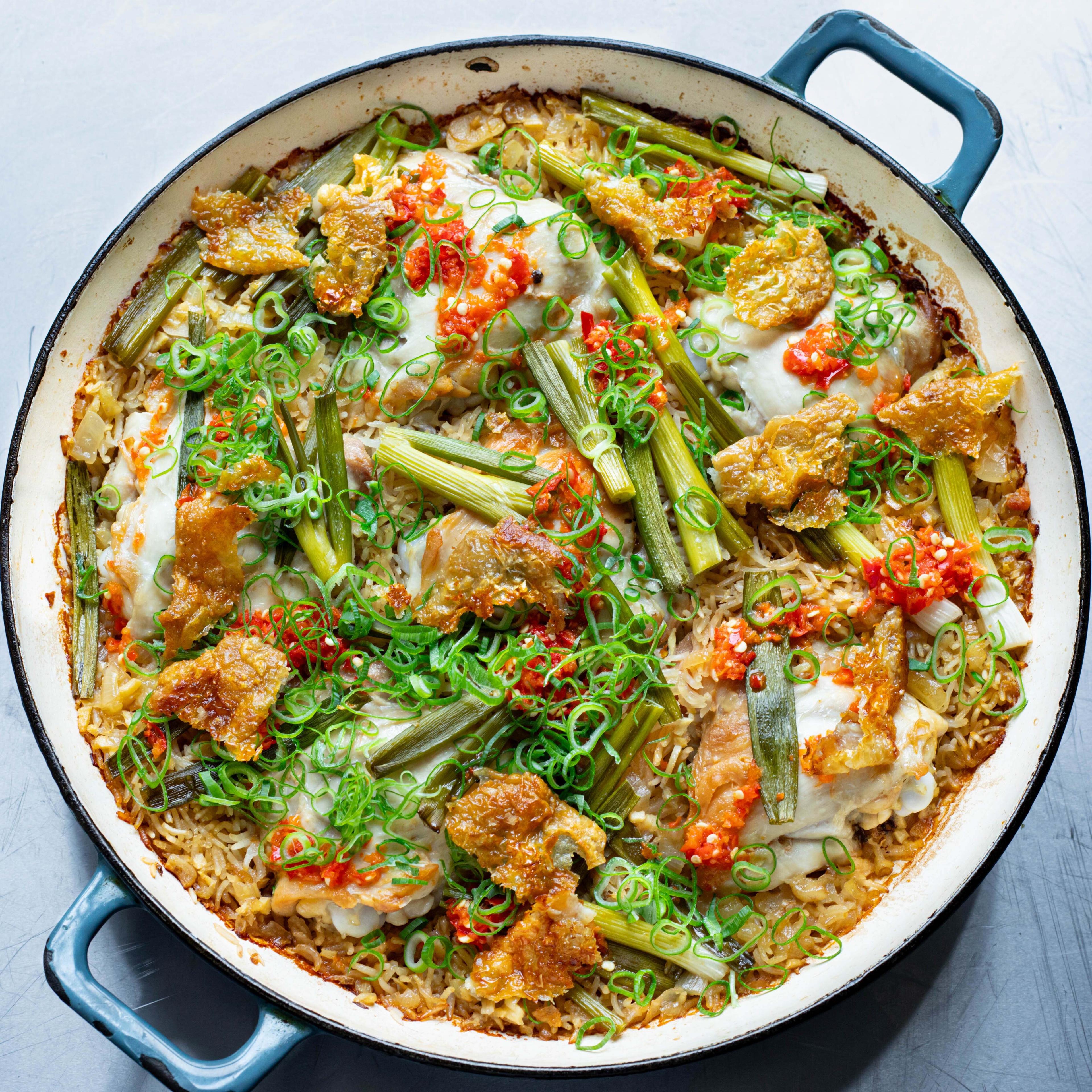 One pot chicken rice bake with chilli vinegar