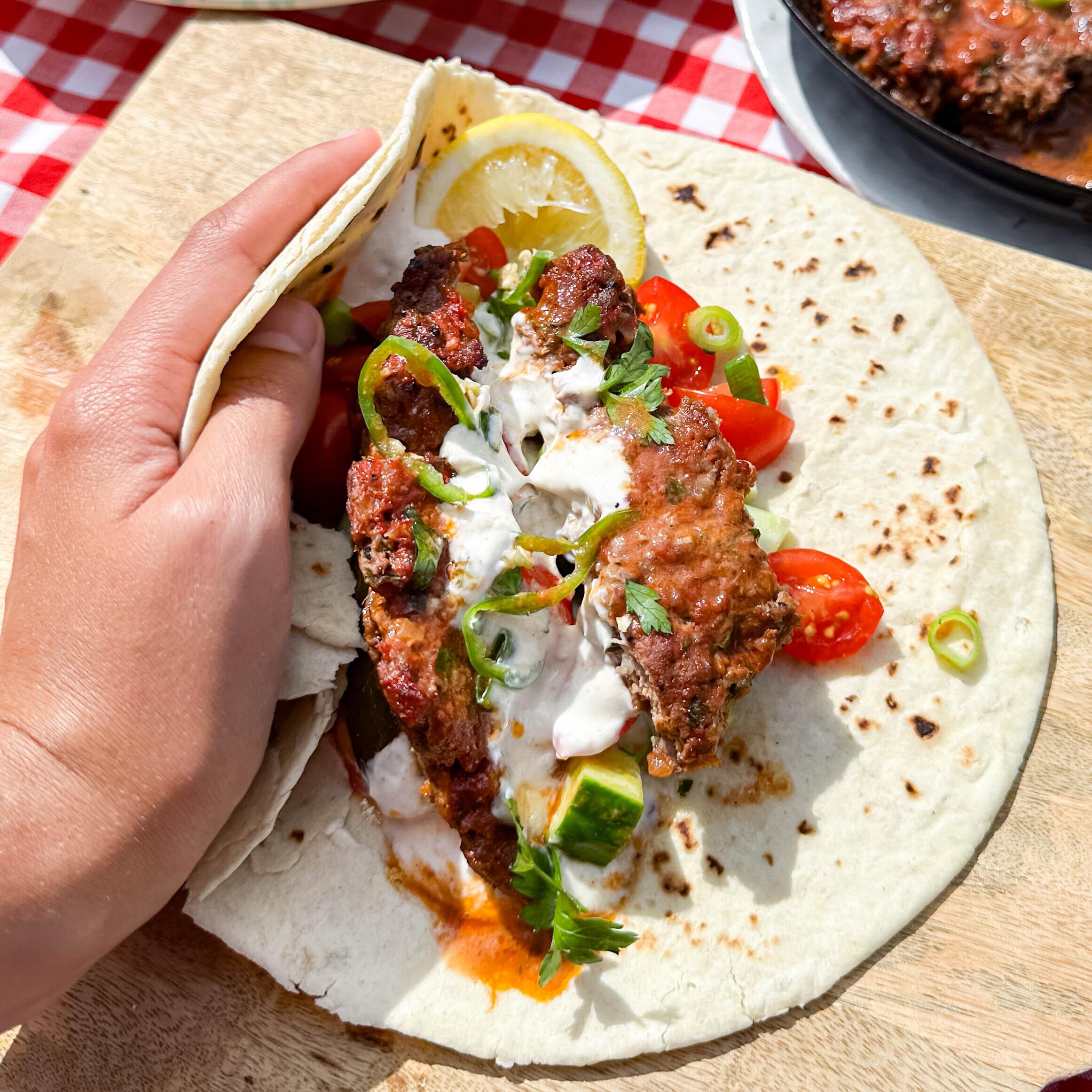 Oven Baked Lamb Kebab with Tahini Chopped Salad