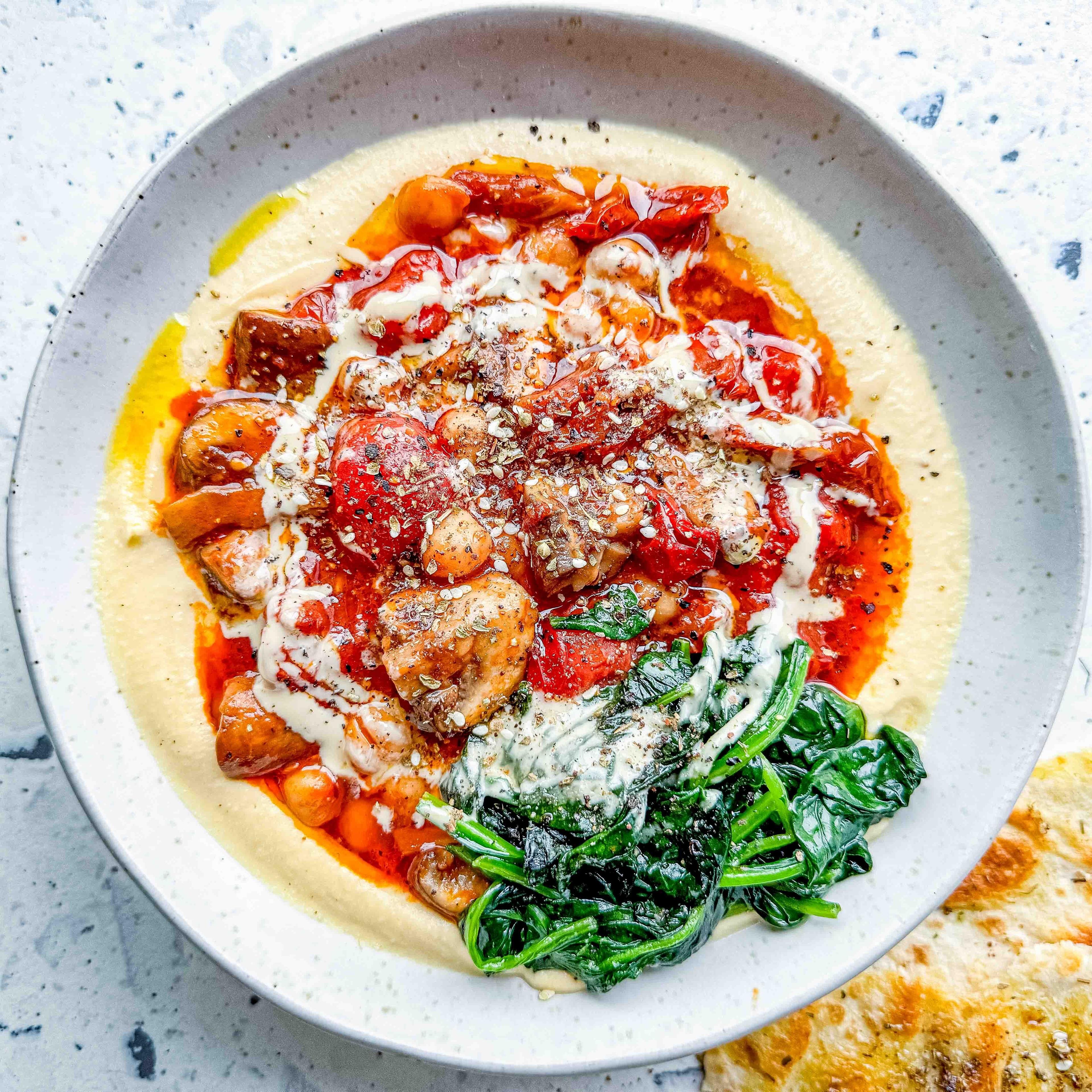 Speedy Harissa Mushroom Hummus Bowl