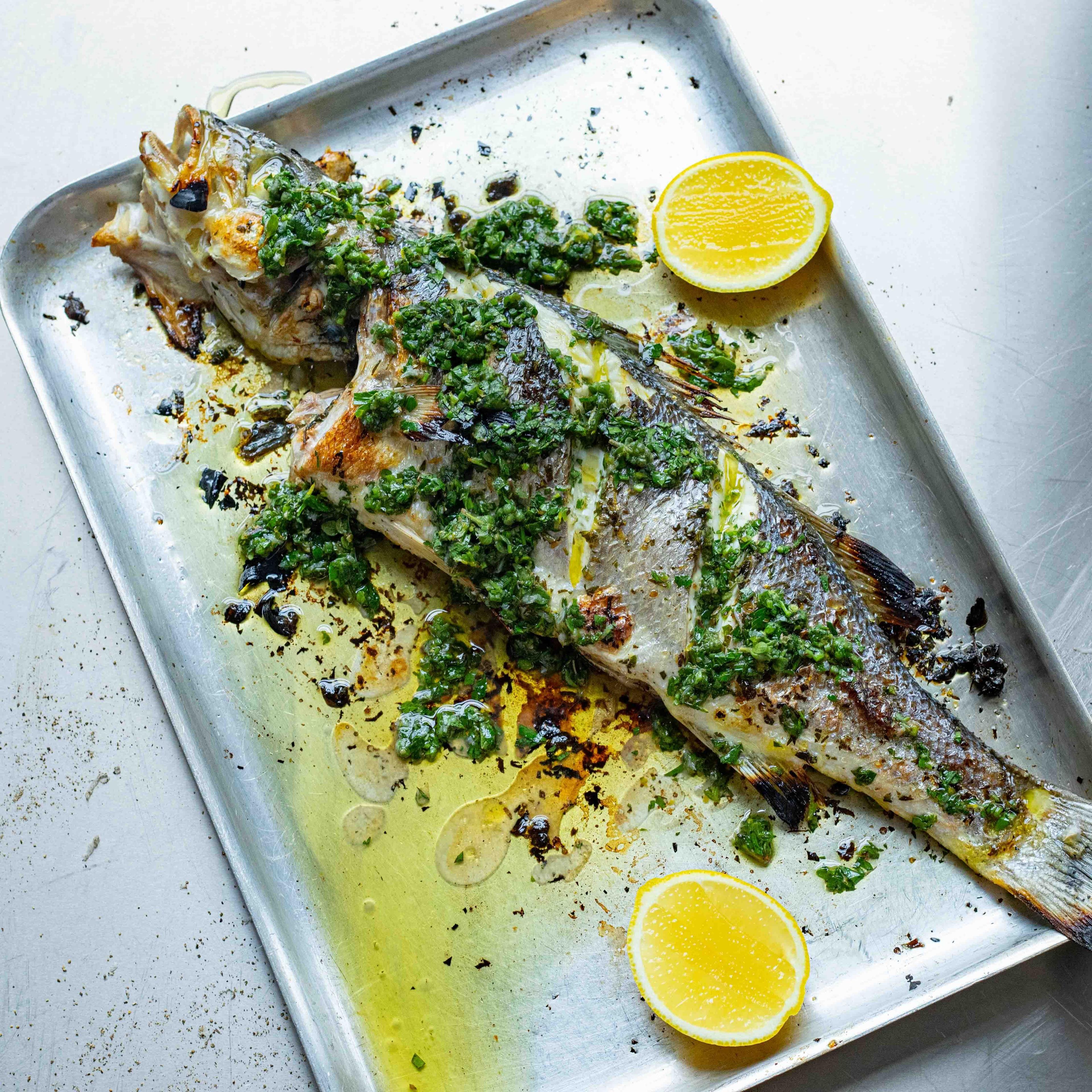 Whole Grilled Sea Bass Recipe With Salmoriglio Sauce