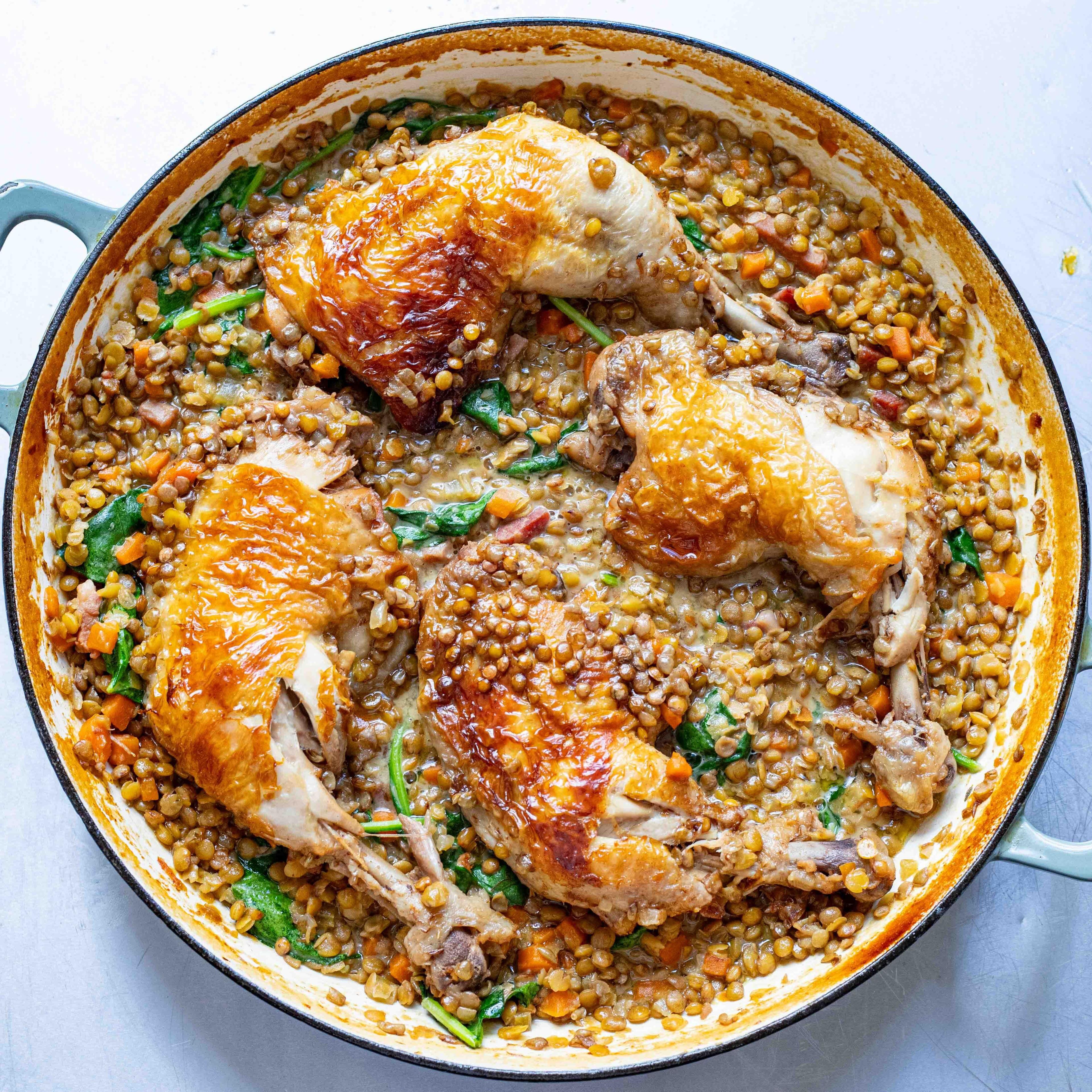 Baked Chicken Legs with Mustardy Lentils