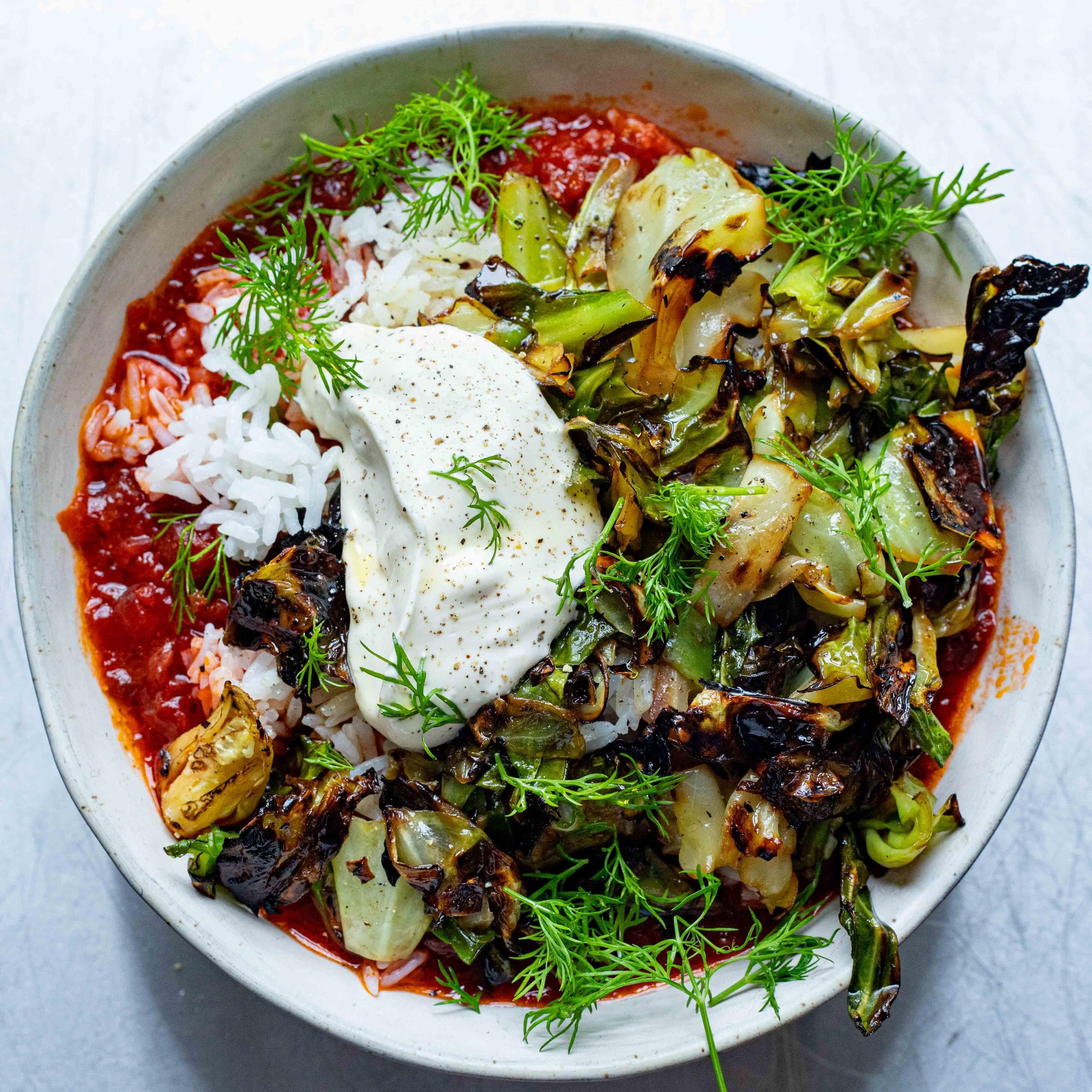 Charred Cabbage Brothy Beets with Rice