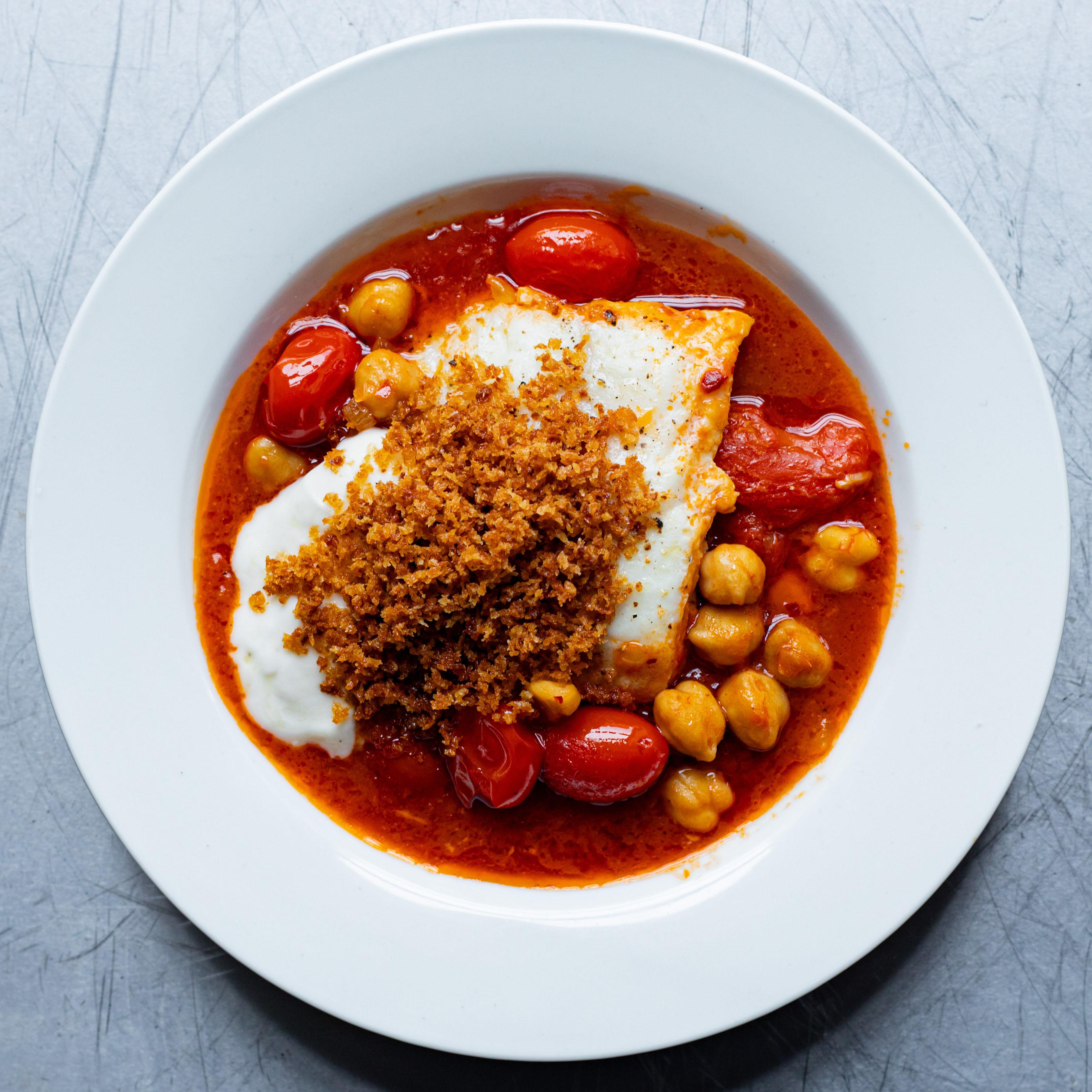 Chickpea Harissa Stew with Poached Cod Breadcrumbs