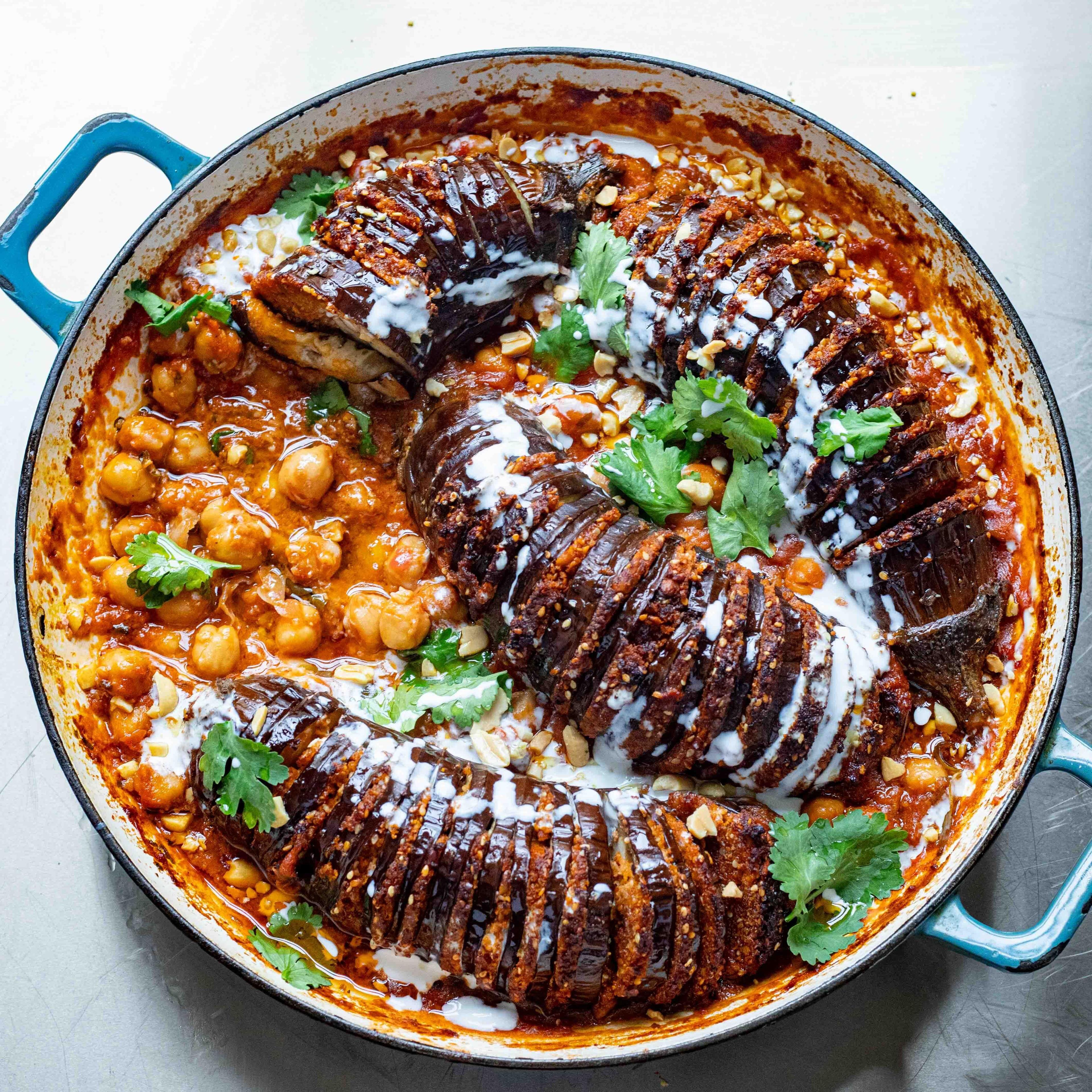 Coconut Peanut Sesame Stuffed Aubergines