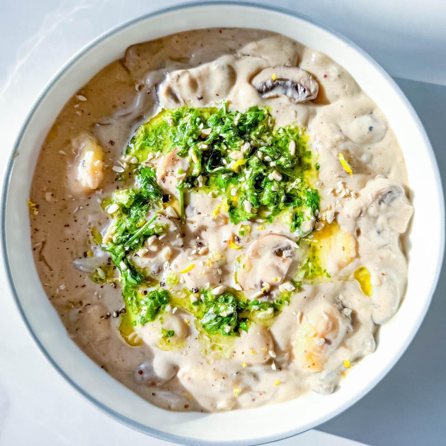 Creamy Mushroom Gnocchi Soup with Rocket Pesto