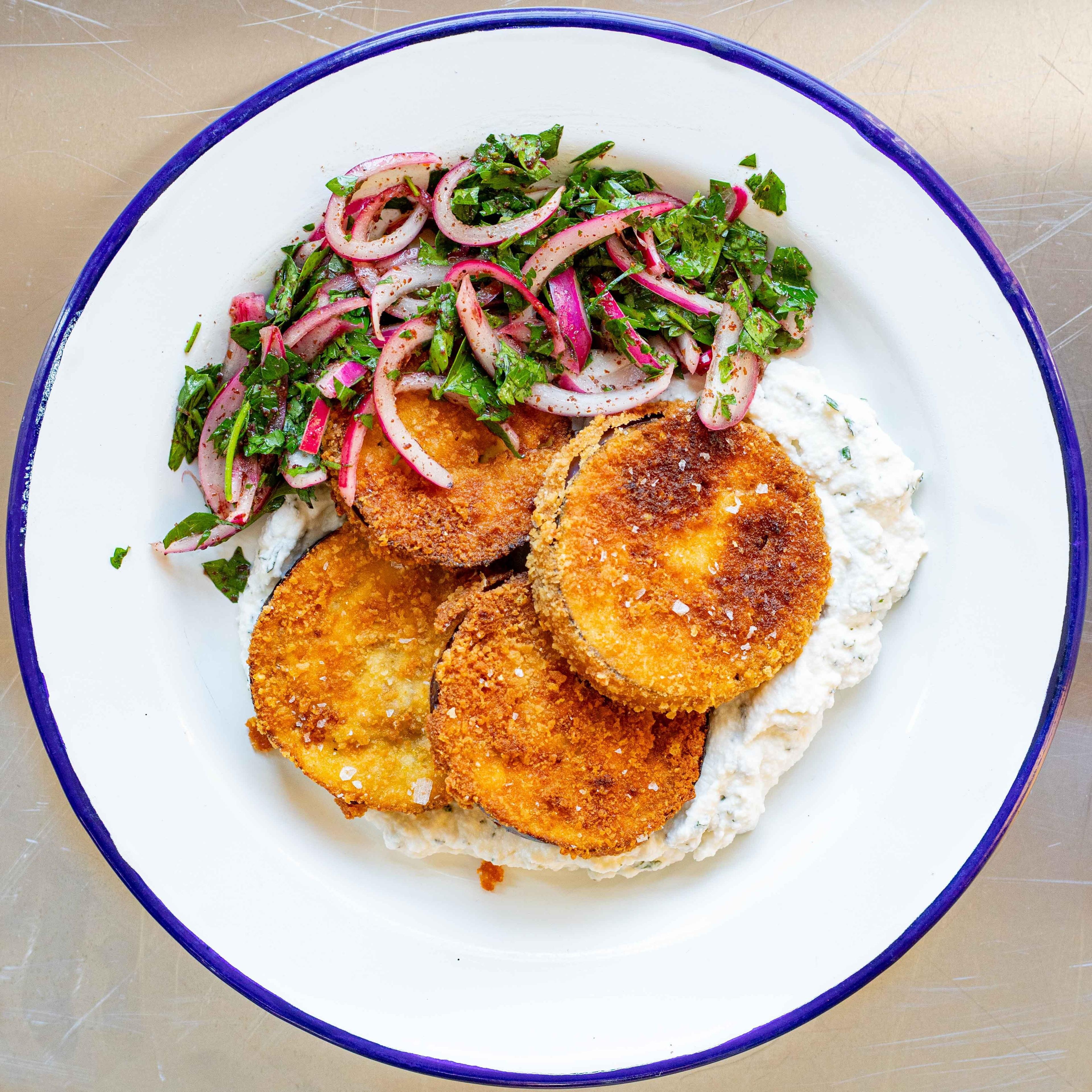 Crispy Fried Aubergine with Minty Ricotta