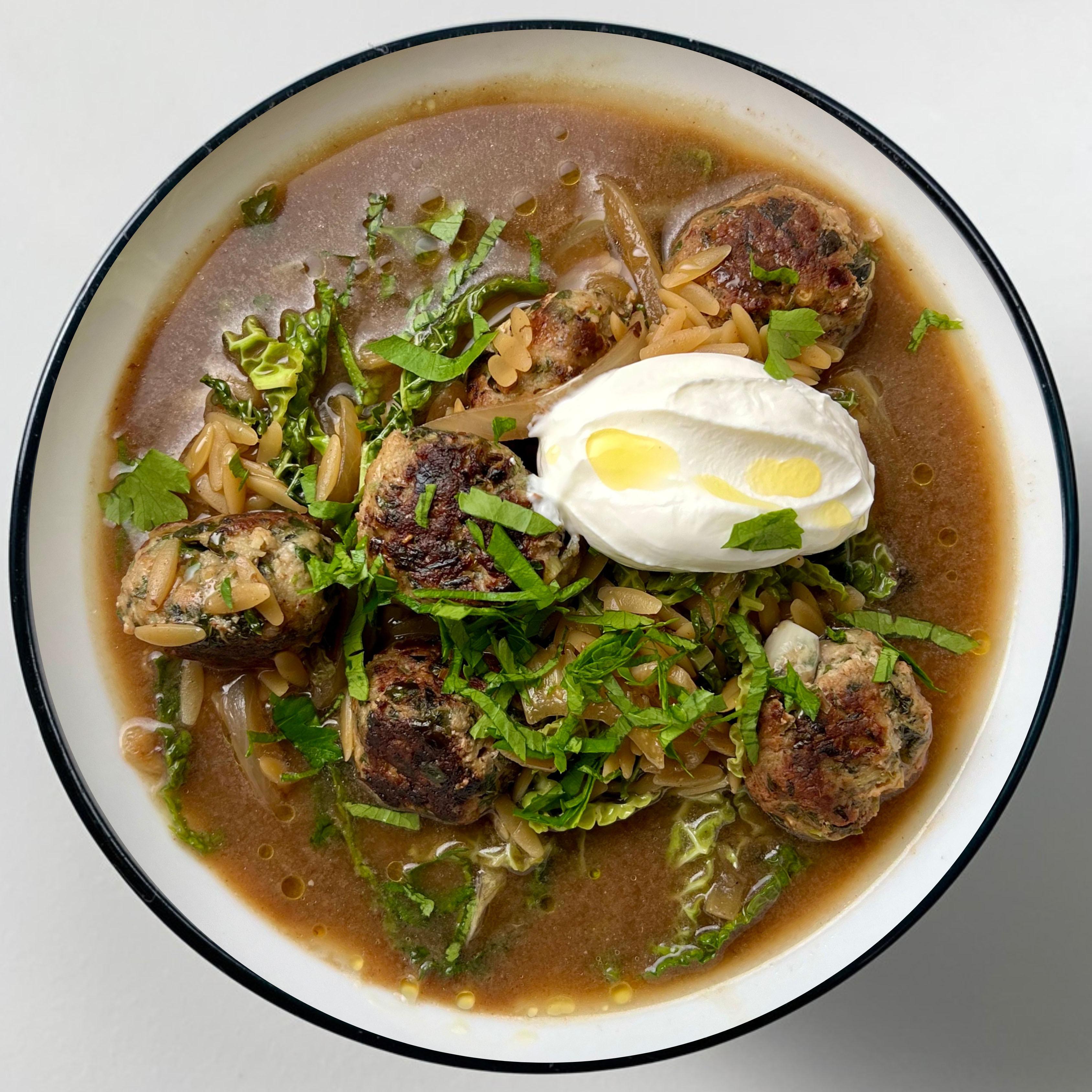 Orzo and Herby Meatballs in Mushroom Stock