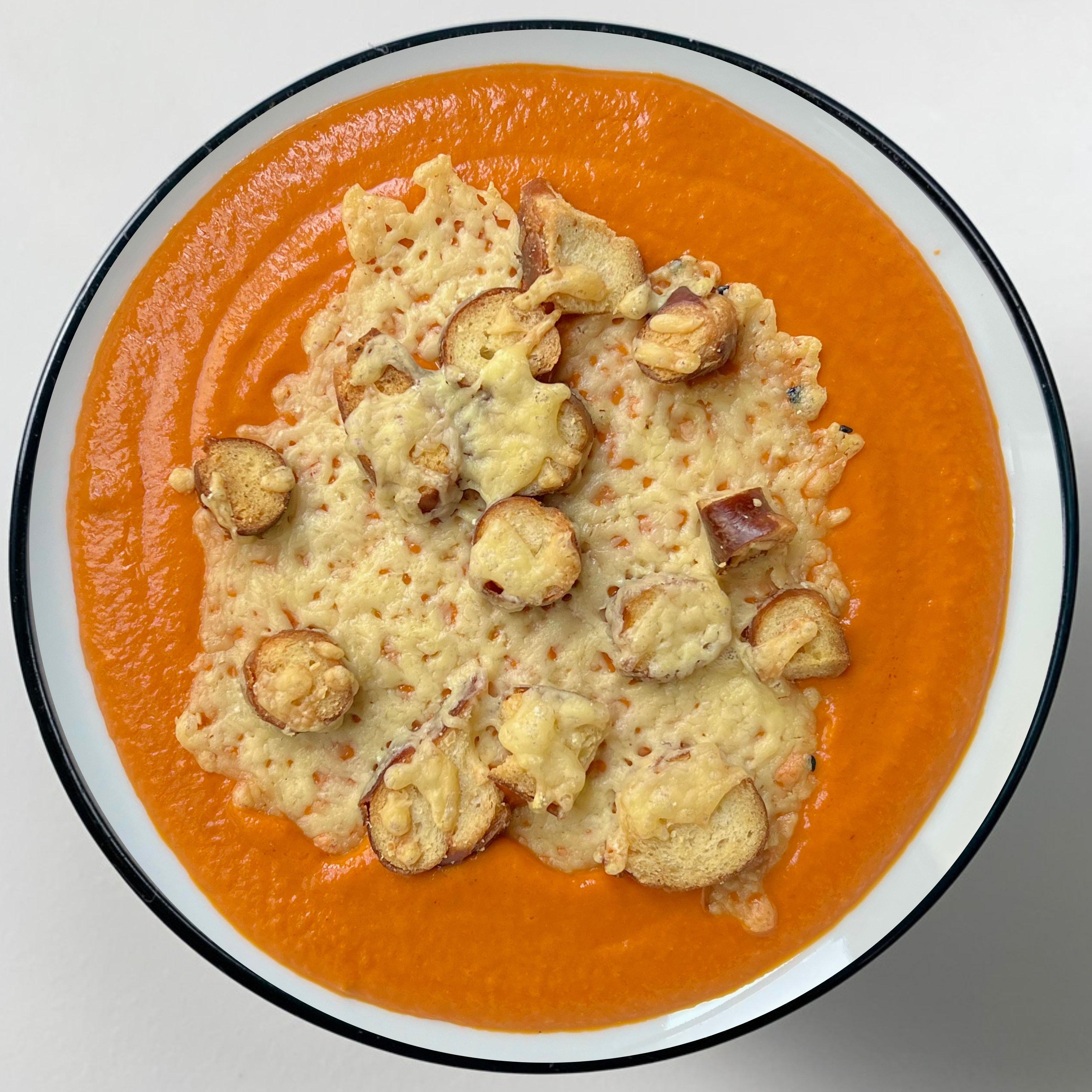 Roasted Tomato Pepper Soup with a Giant Cheese Pretzel Crouton