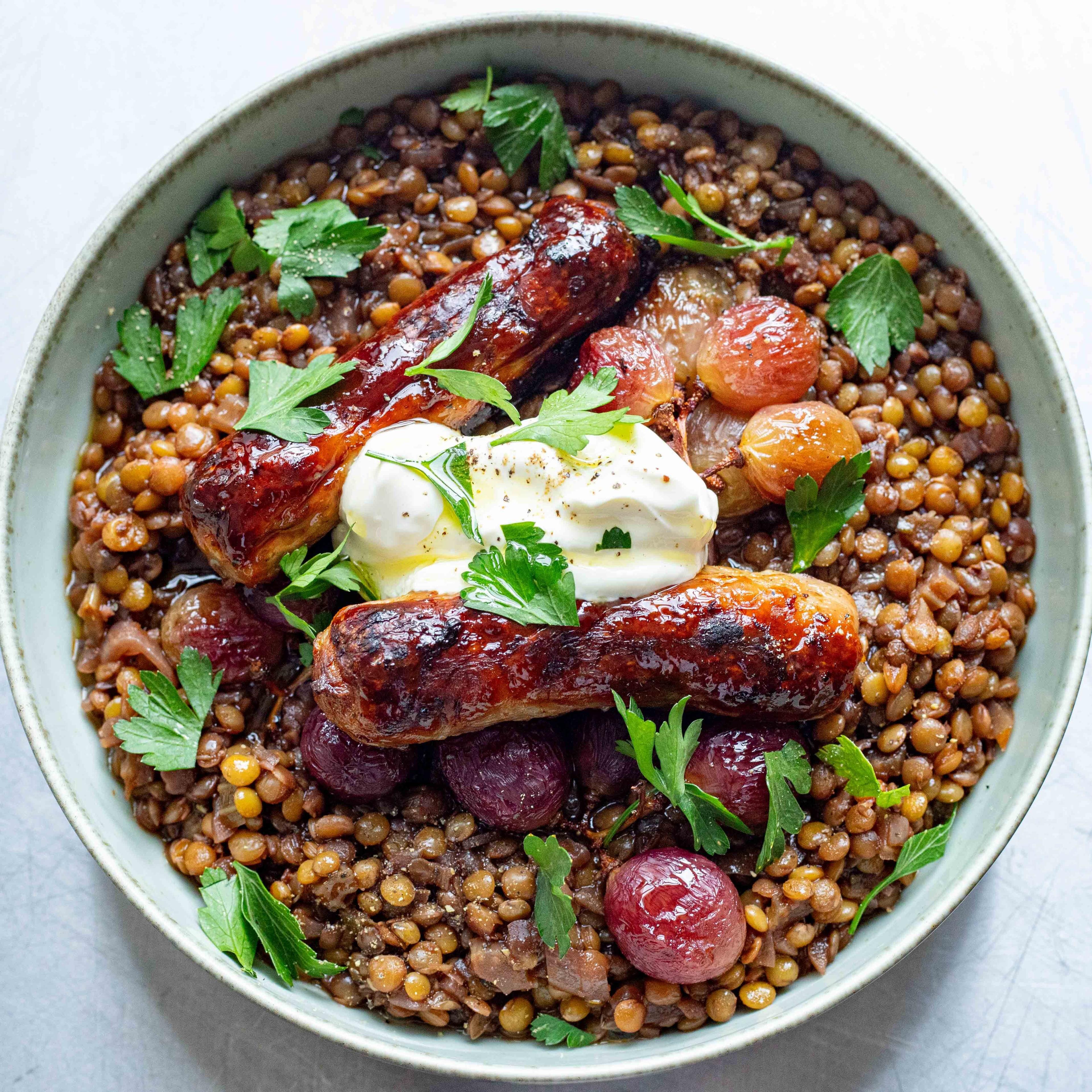 Sausage Lentils with Roasted Grapes