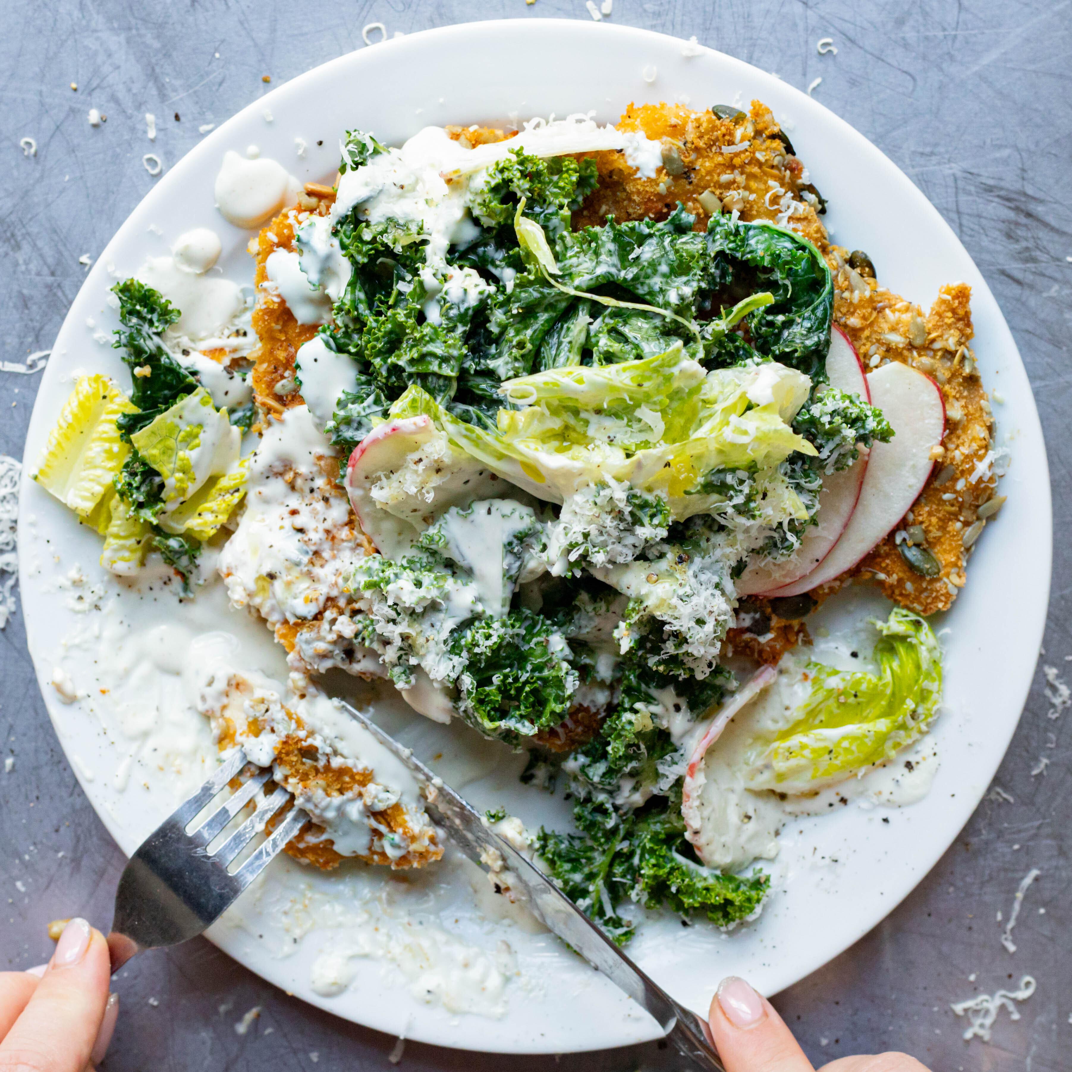 Seedy Chicken Schnitzel with Winter Caesar