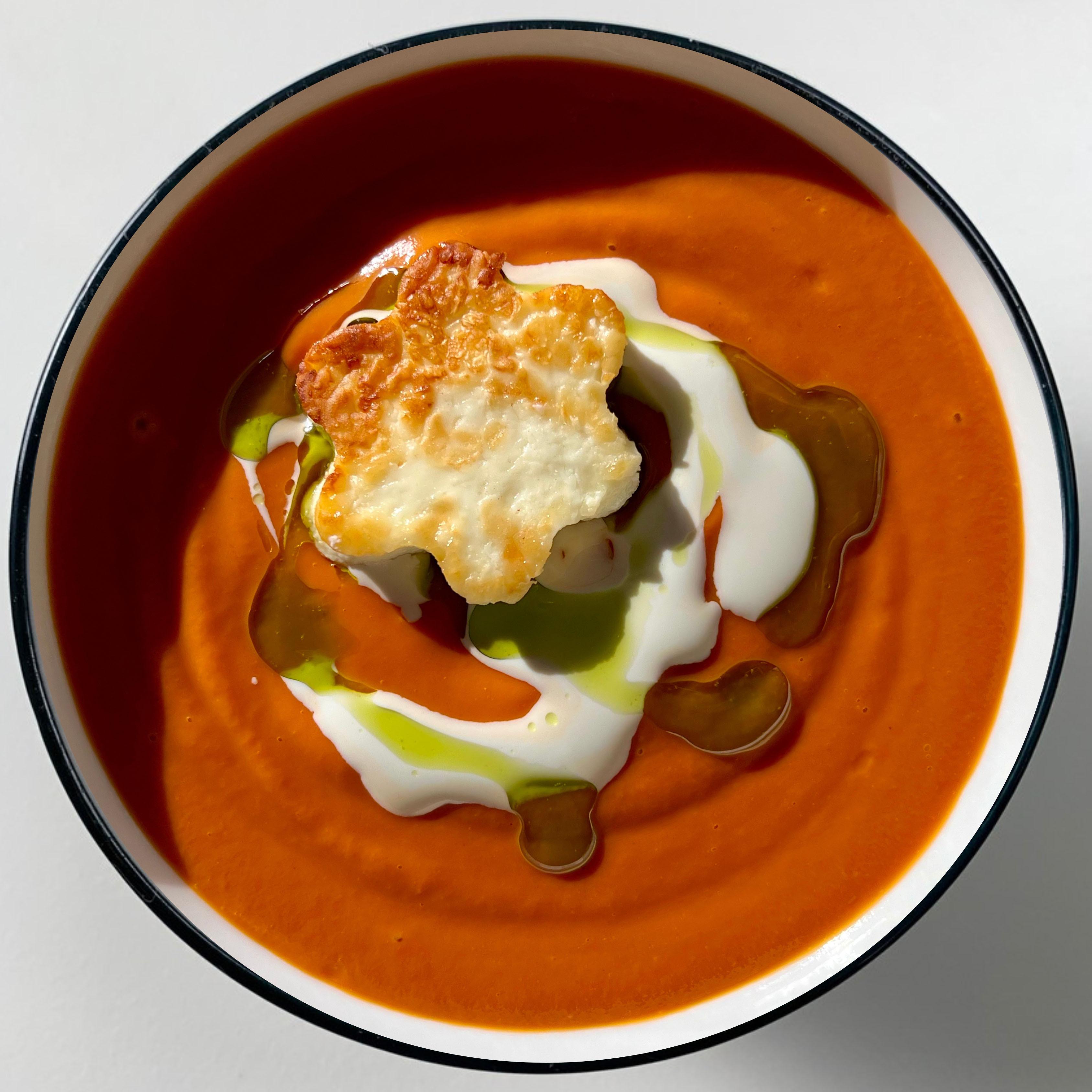 Spicy Pyjama Tomato Soup with Halloumi Croutons