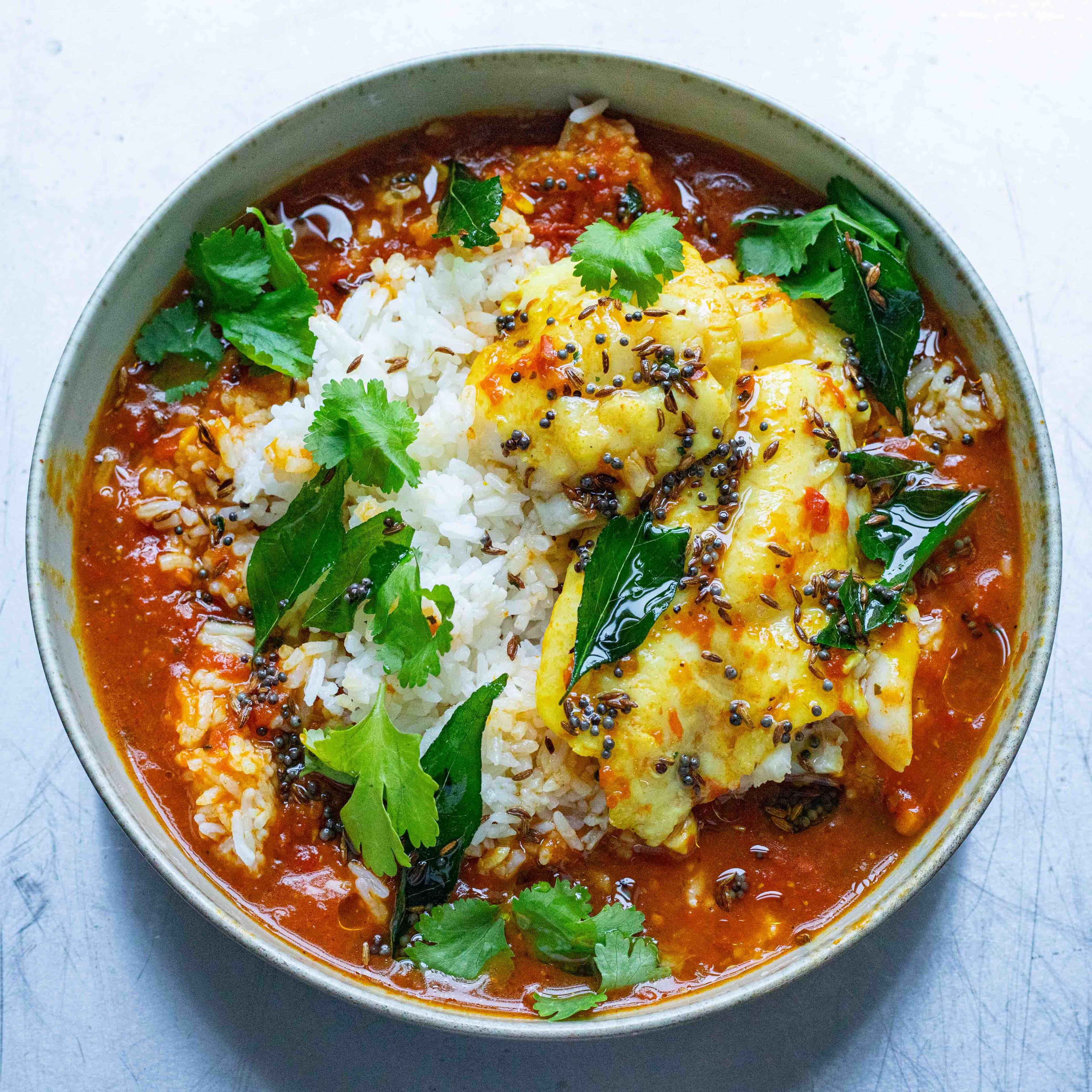 Tangy Cod Tomato Brothy Rice with Tadka