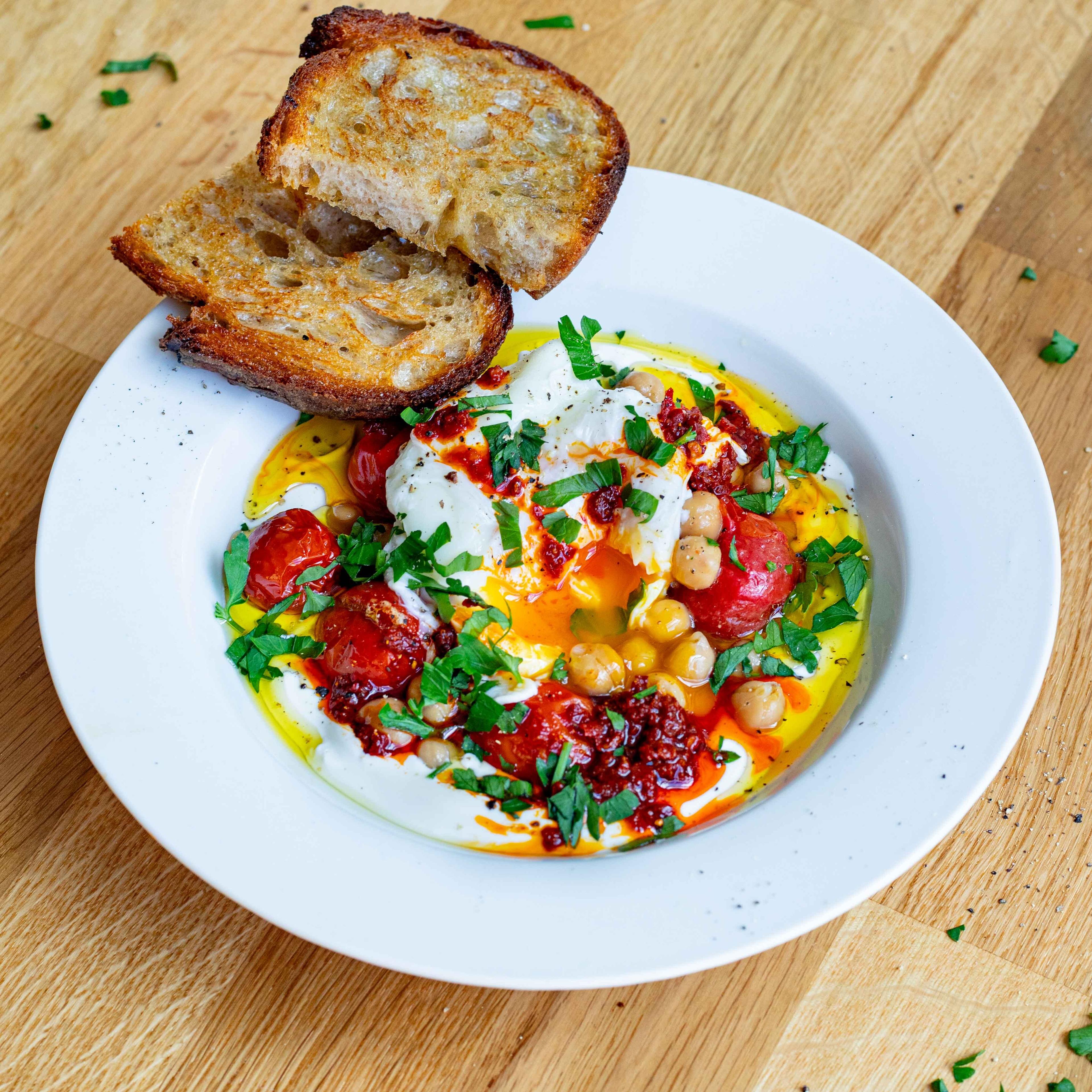 Turkish Eggs with Confit Tomatoes Chickpeas