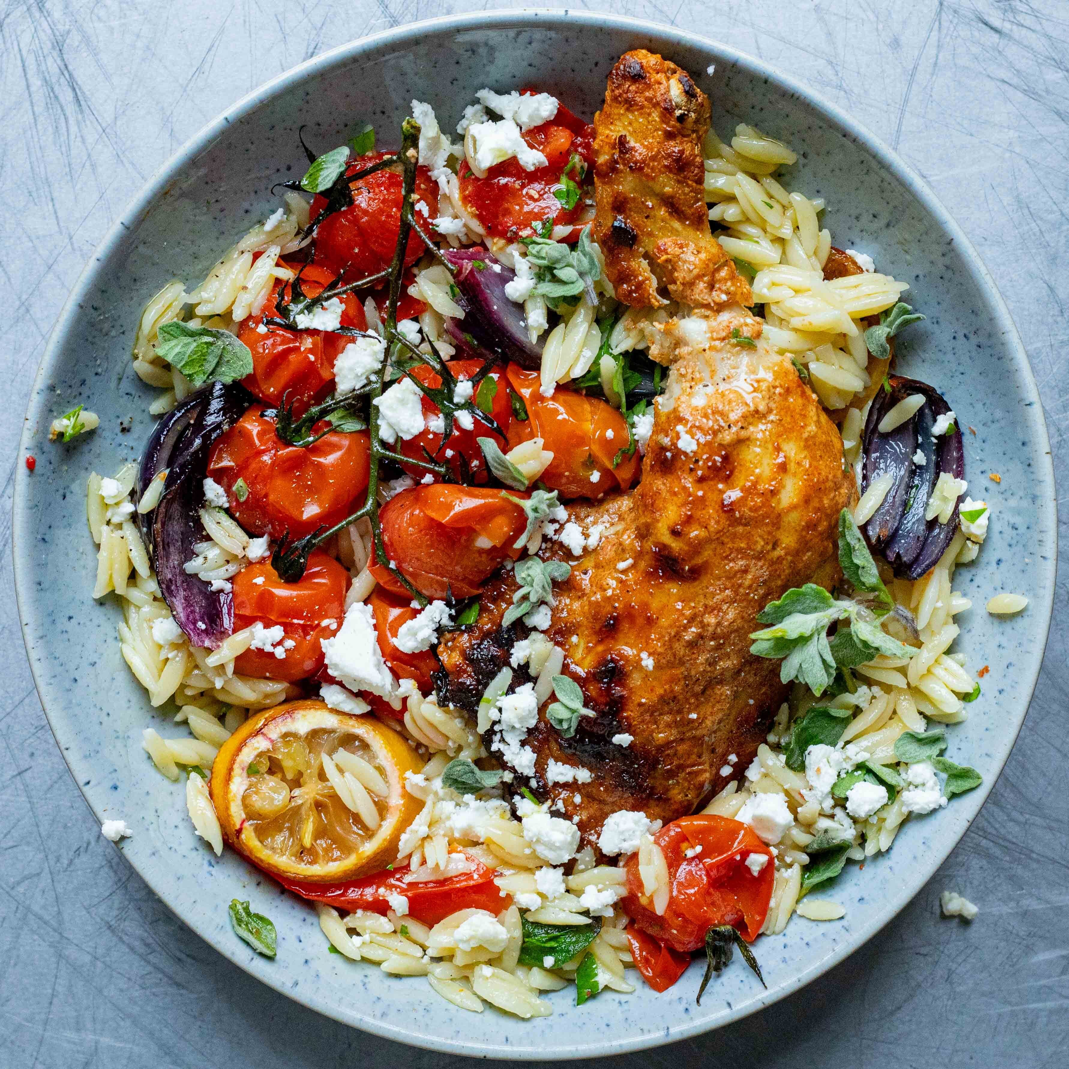 Yoghurt Baked Chicken Thighs with Orzo Oregano Feta