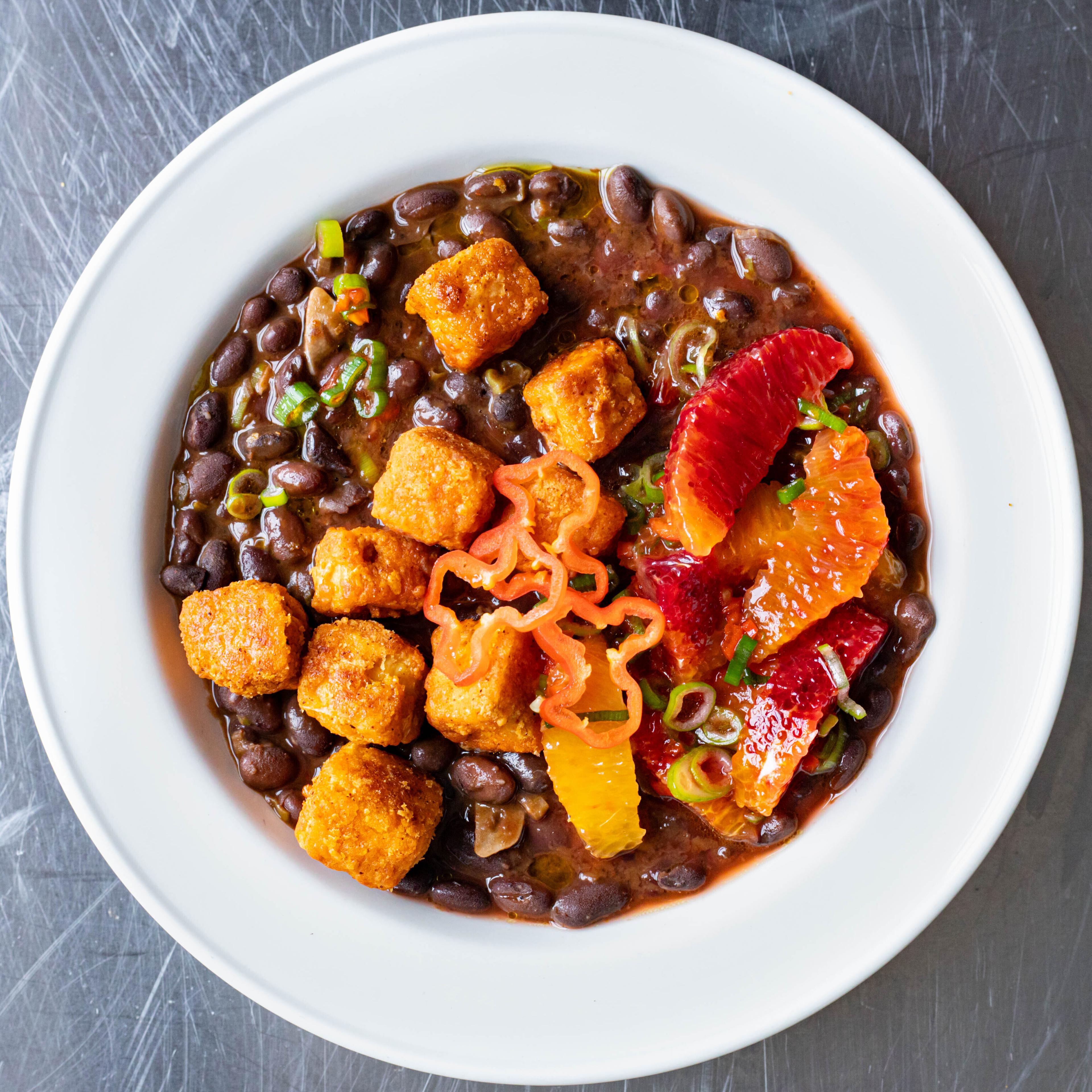 Crispy Tofu Blood Orange Black Beans