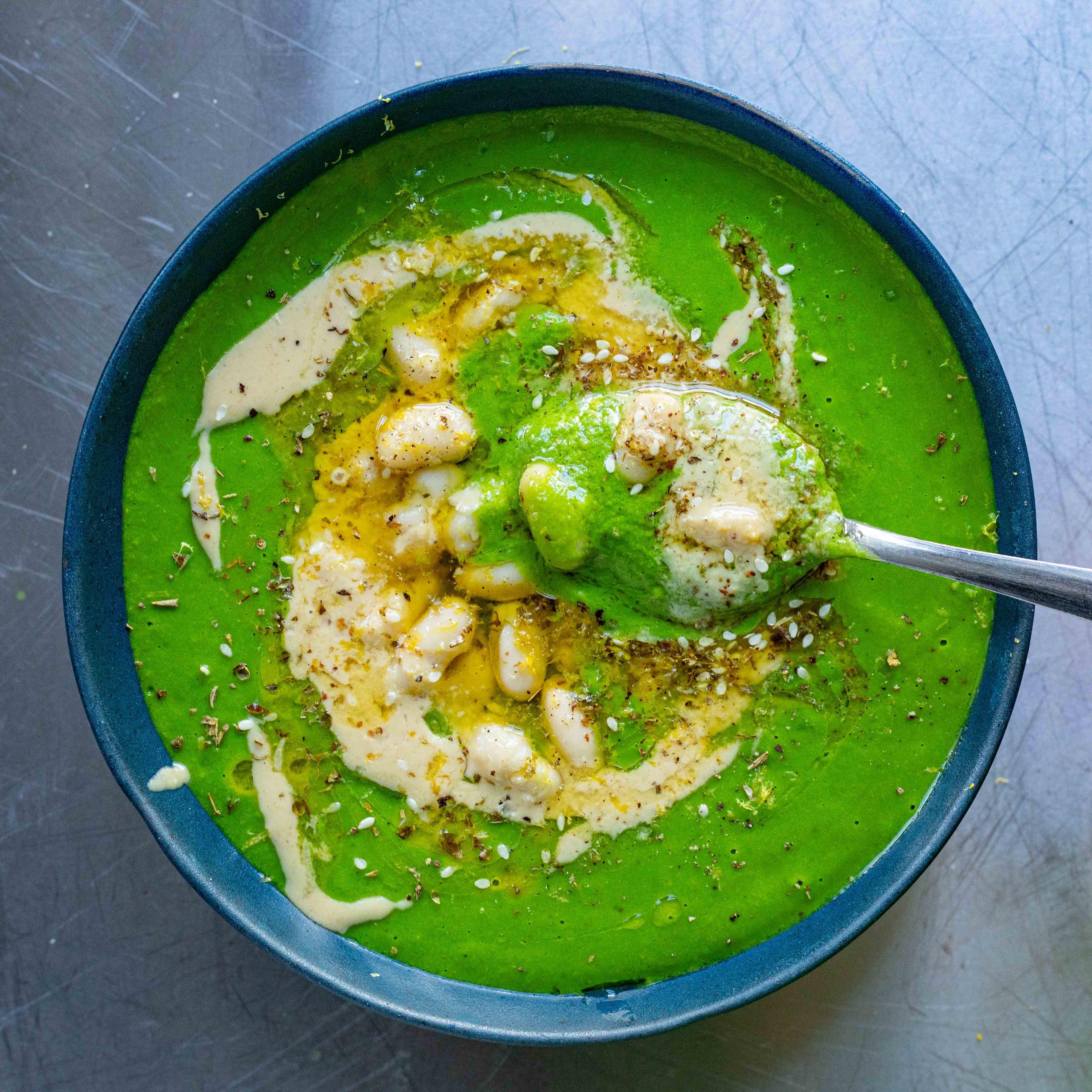 Herby Green Soup with Tahini Zaatar