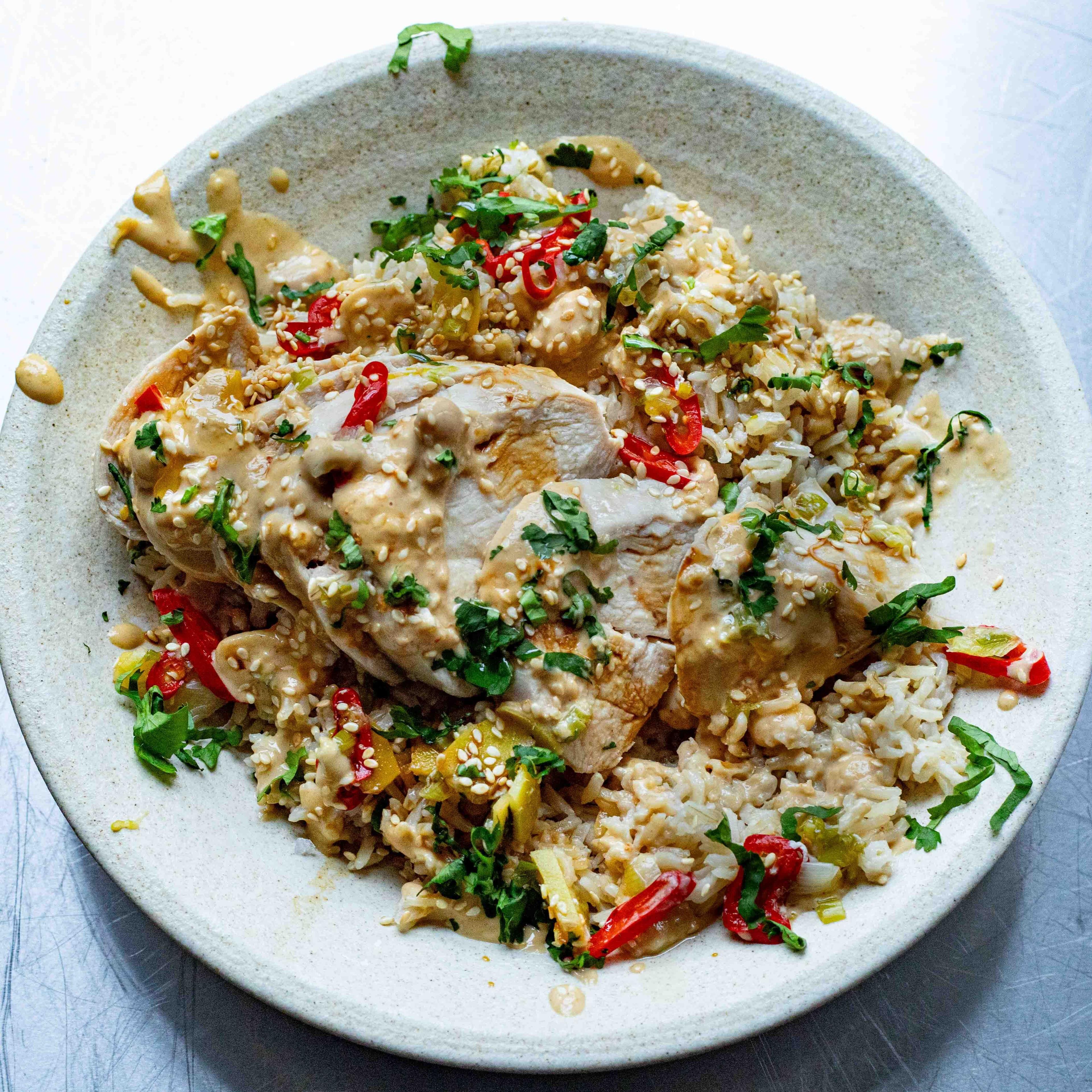 Steamed Chicken Rice Bowl with Peanut Sesame Dressing