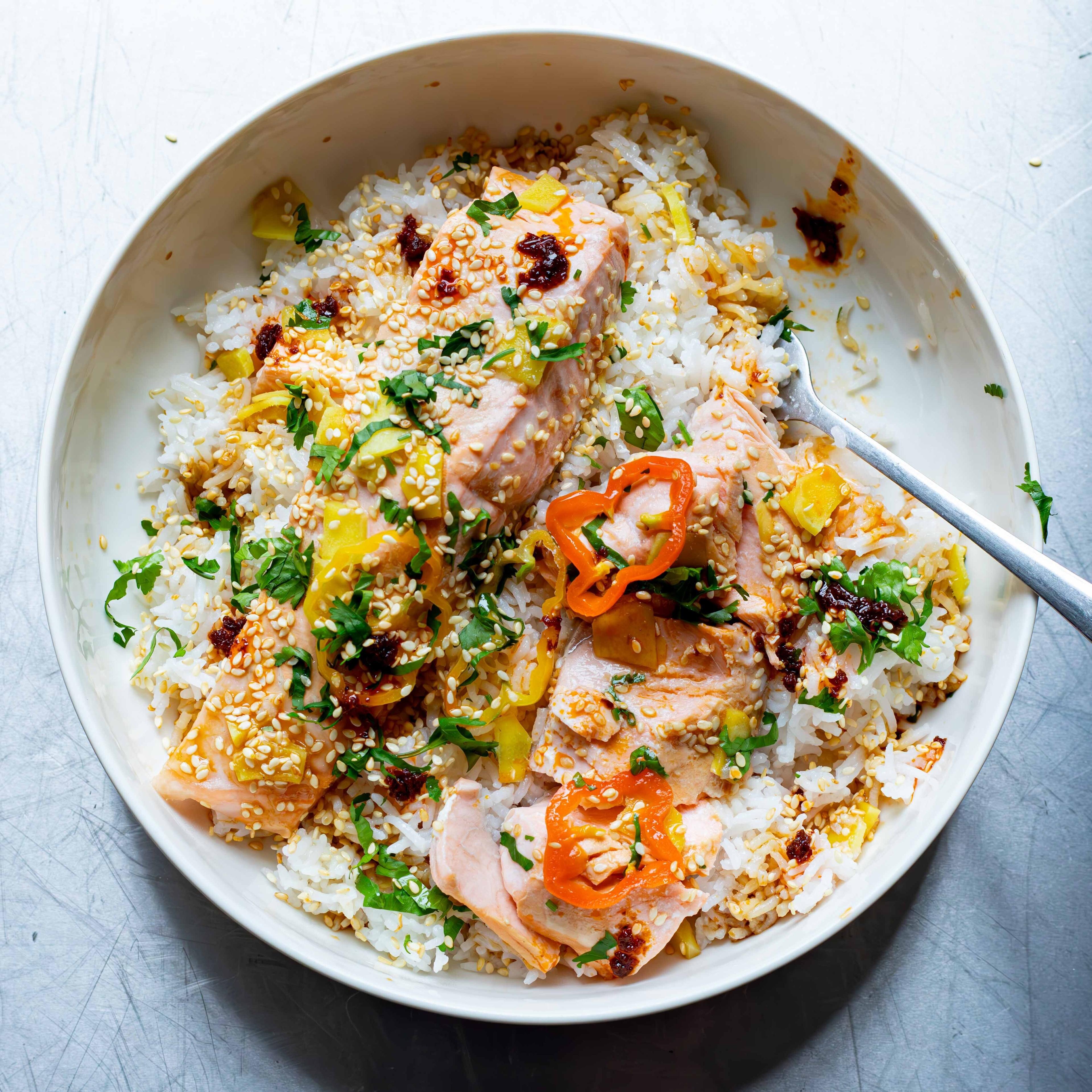 Steamed Salmon Rice Bowl with Chilli Ginger