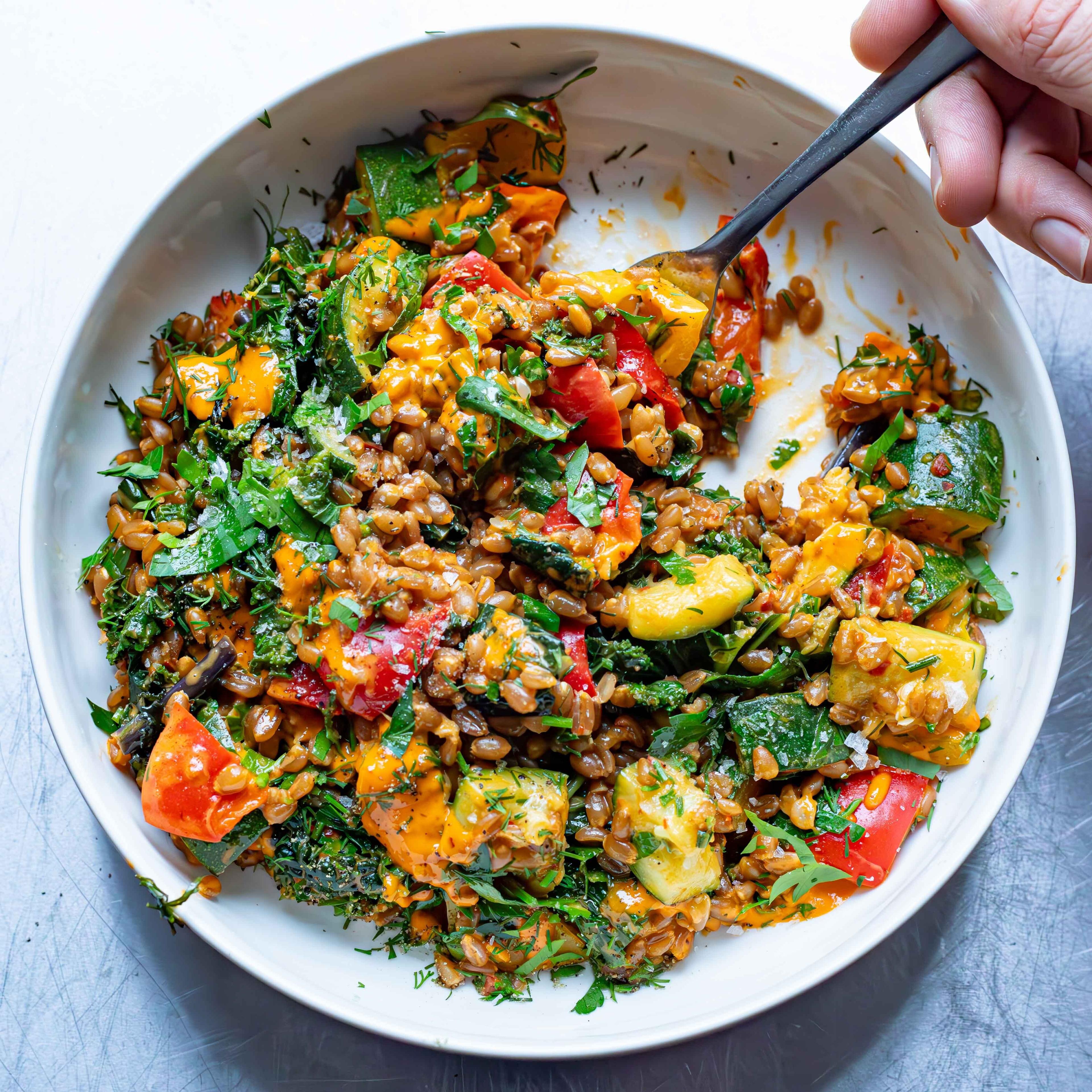 Steamed Veg Spelt Bowl with Harissa Tahini Dressing