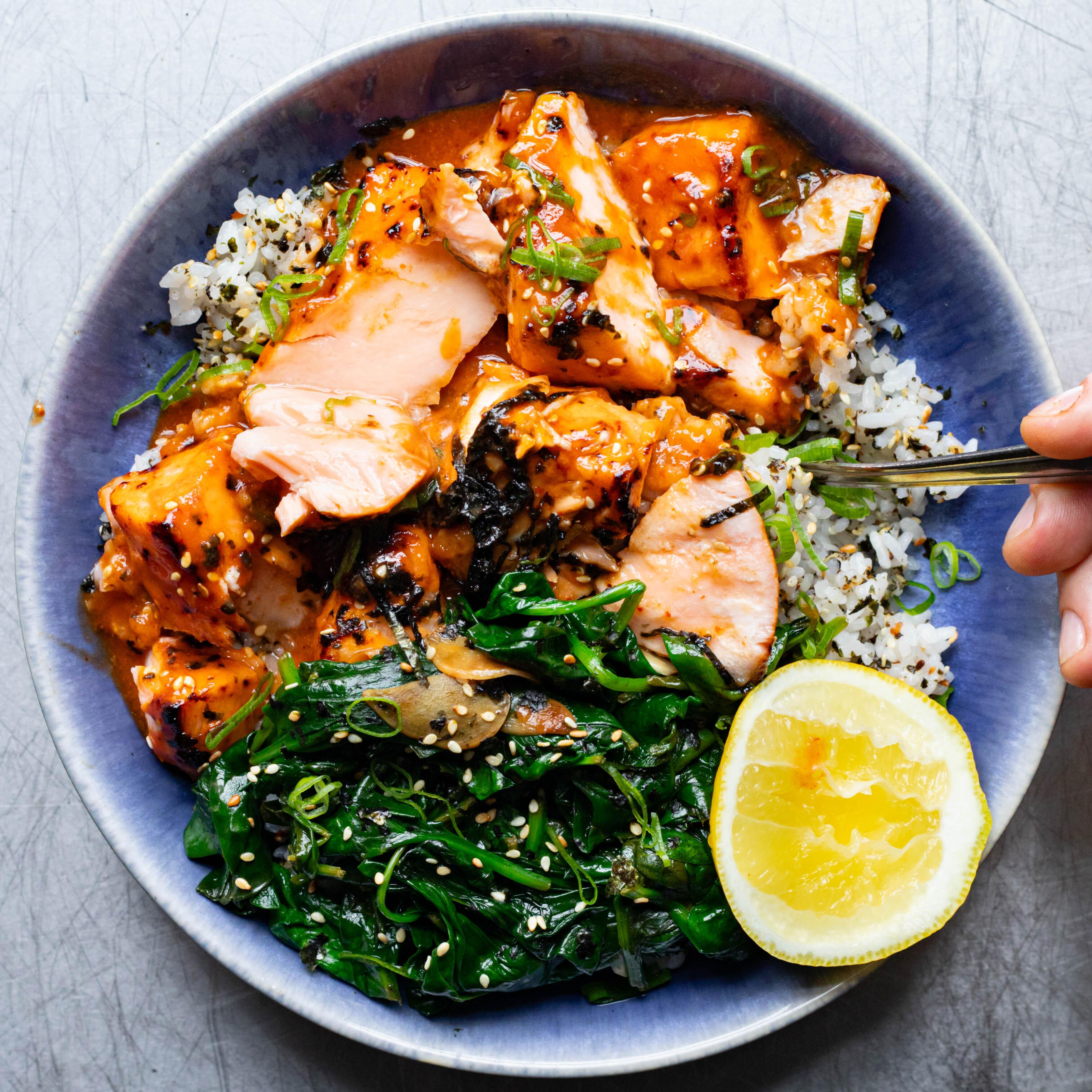 Spicy Salmon Bowl with Sesame Rice Soy Butter Spinach