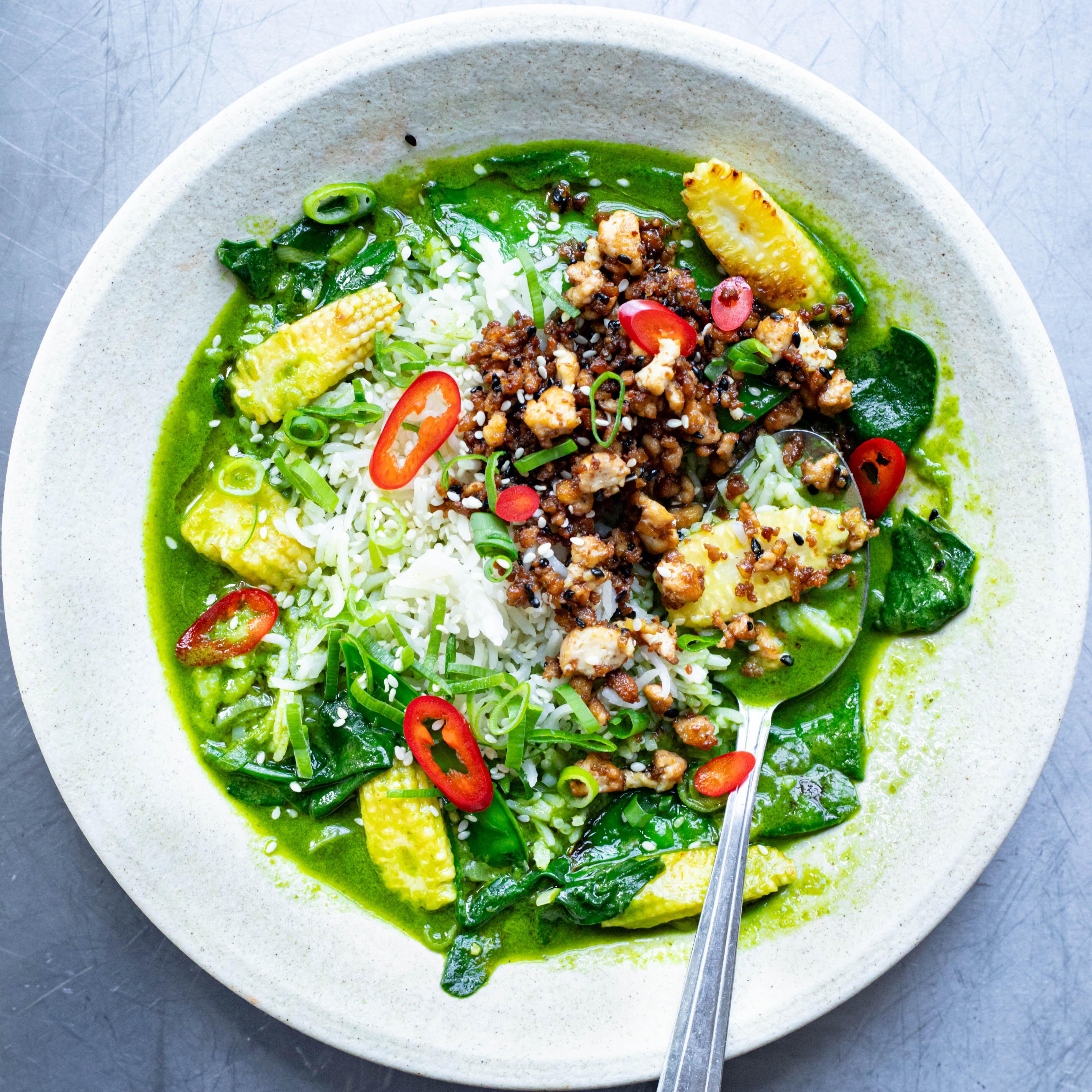 Thai Green Curry Brothy Rice with Crispy Tofu