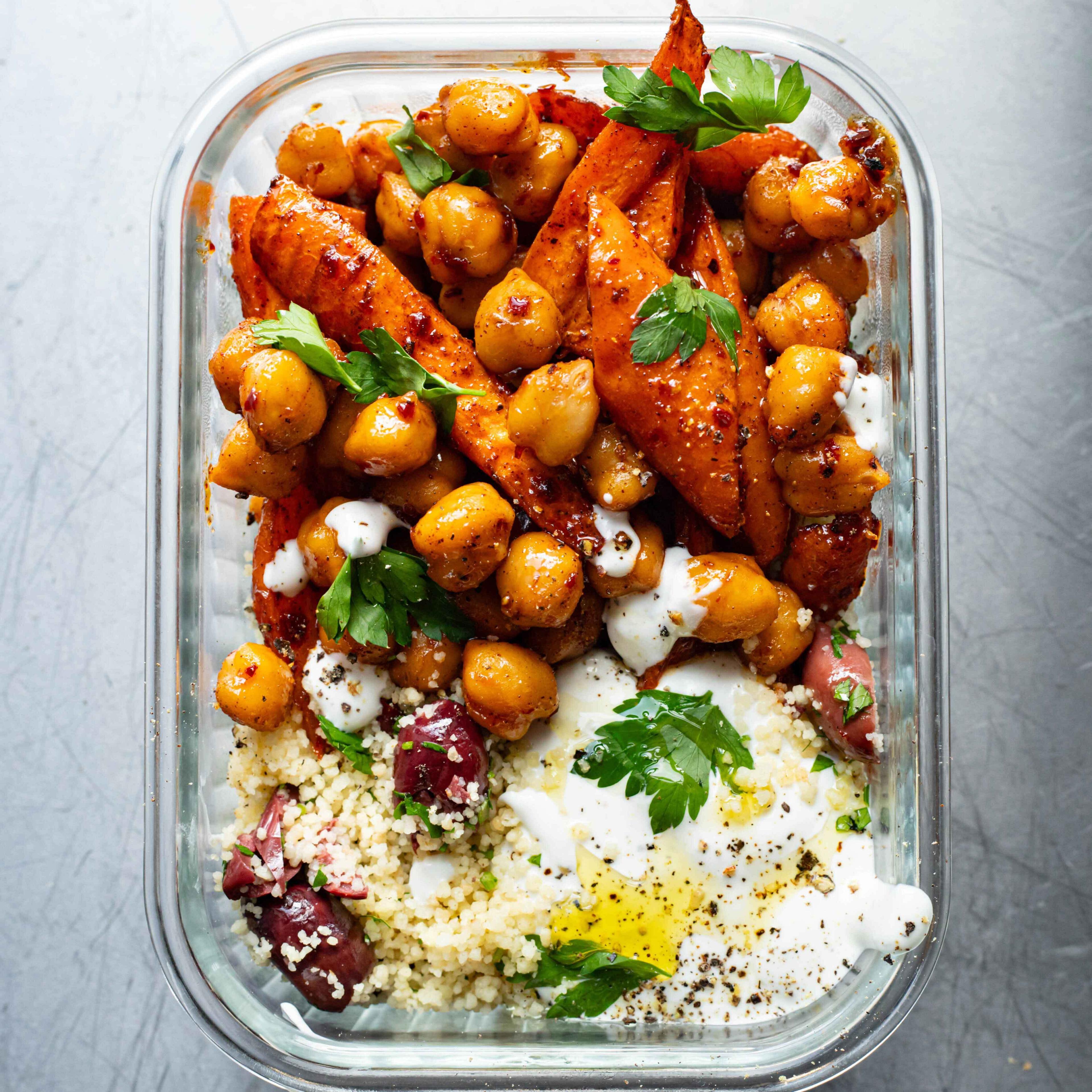 Lunch Box Honey Harissa Carrot Couscous with Feta Dressing