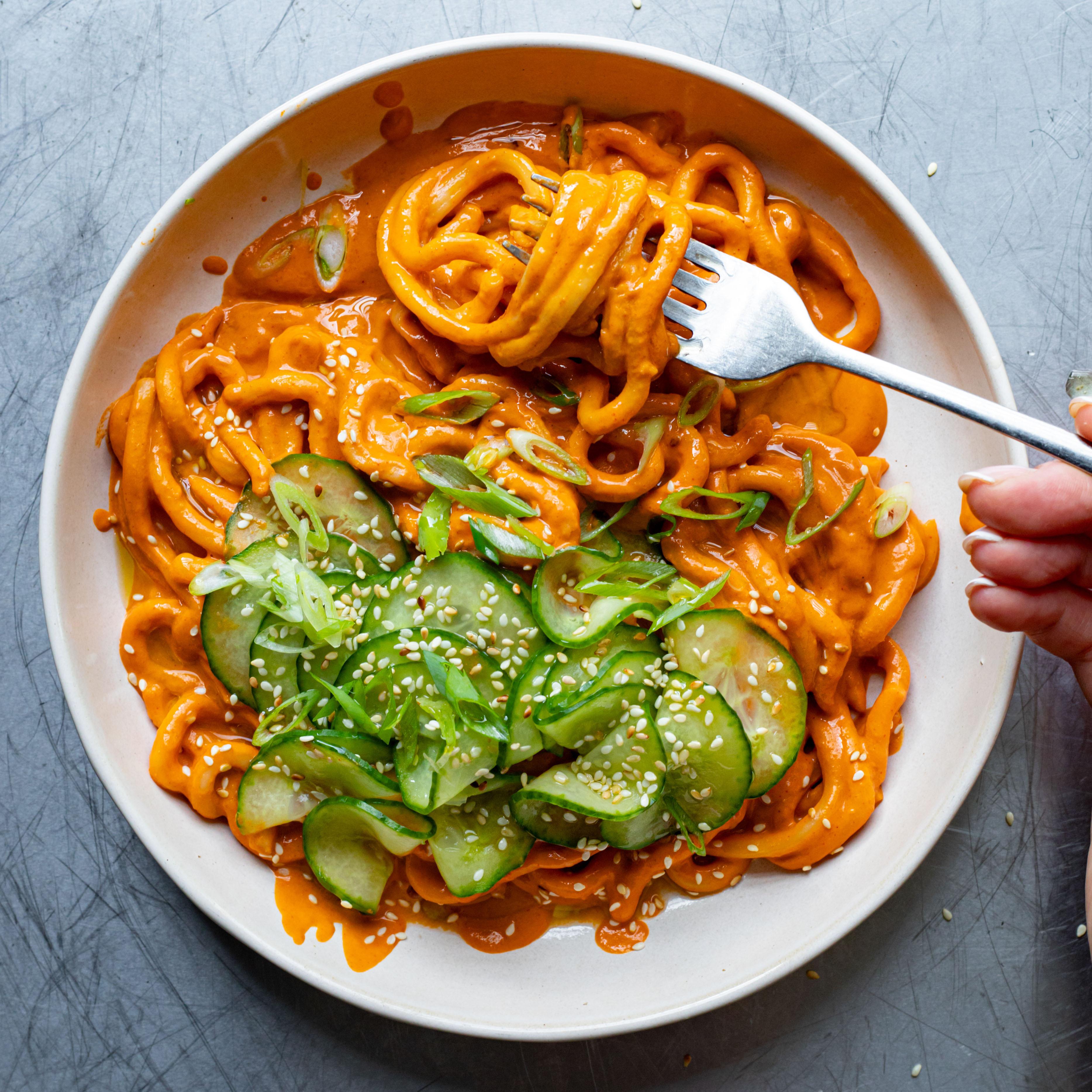 Saucy Tomatoey Gochujang Udon w Cucumber Salad