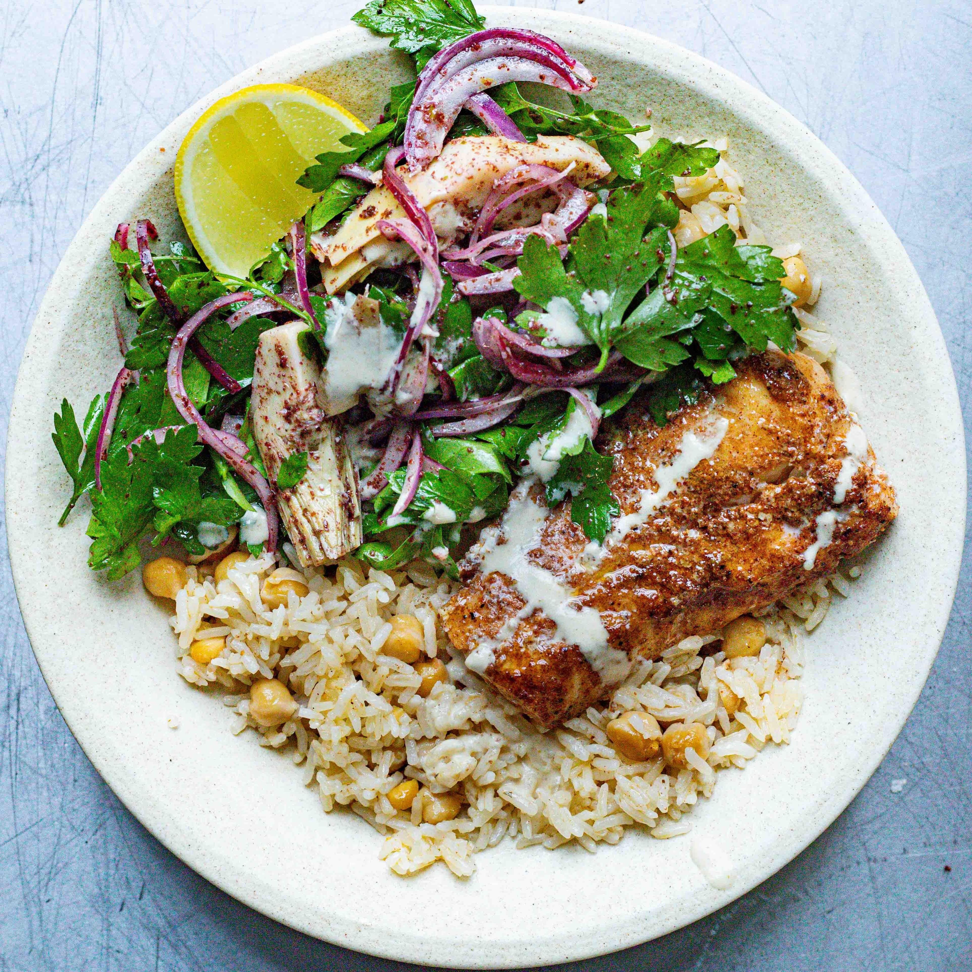 One-Pot Rice & Cod with Garlicky Tahini Sauce