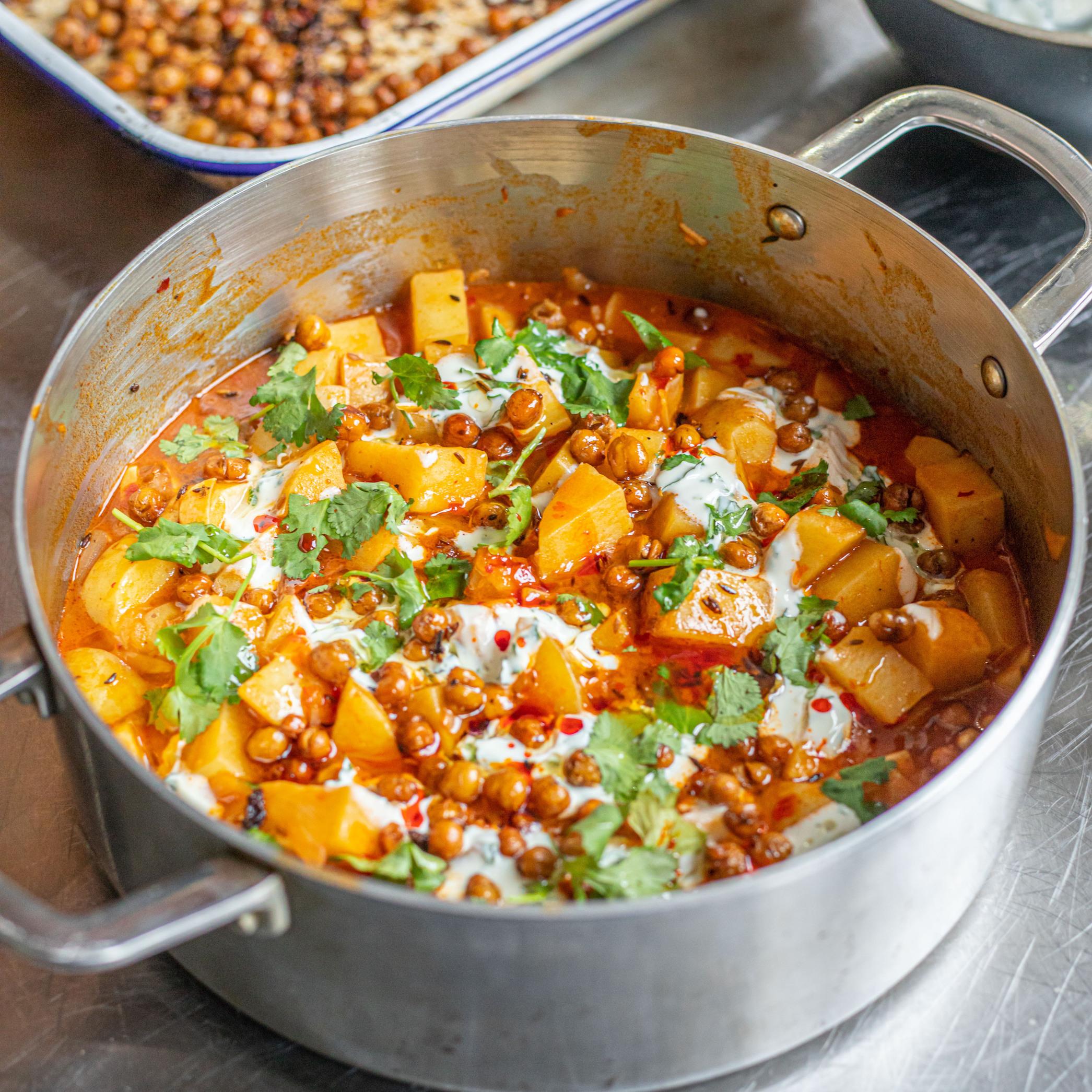 Harissa and Cumin Potatoes with Crispy Chickpeas and Yoghurt