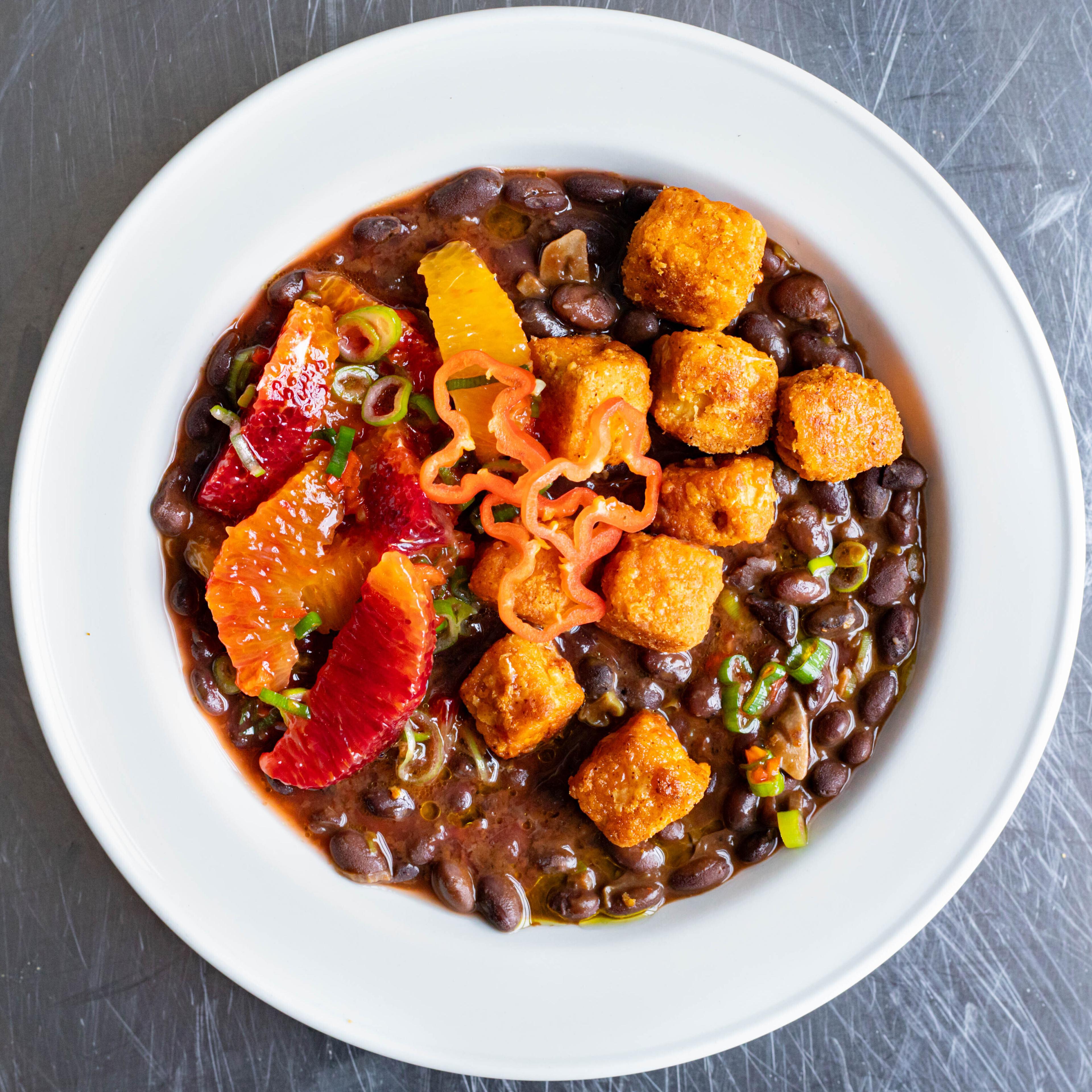 Crispy Tofu with Smoky Black Beans & Spicy Orange Salsa