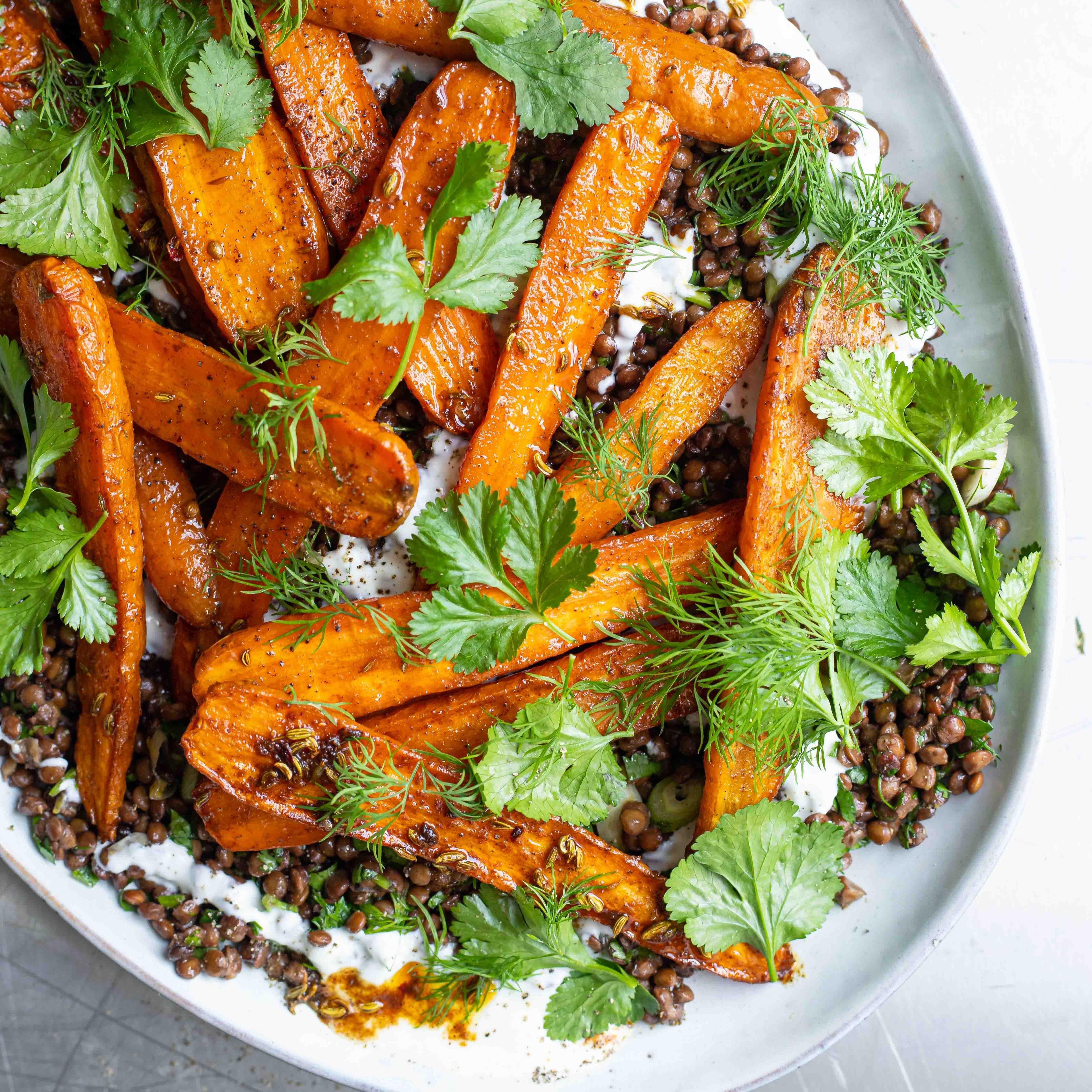 Sticky Carrots On Puy Lentil Salad