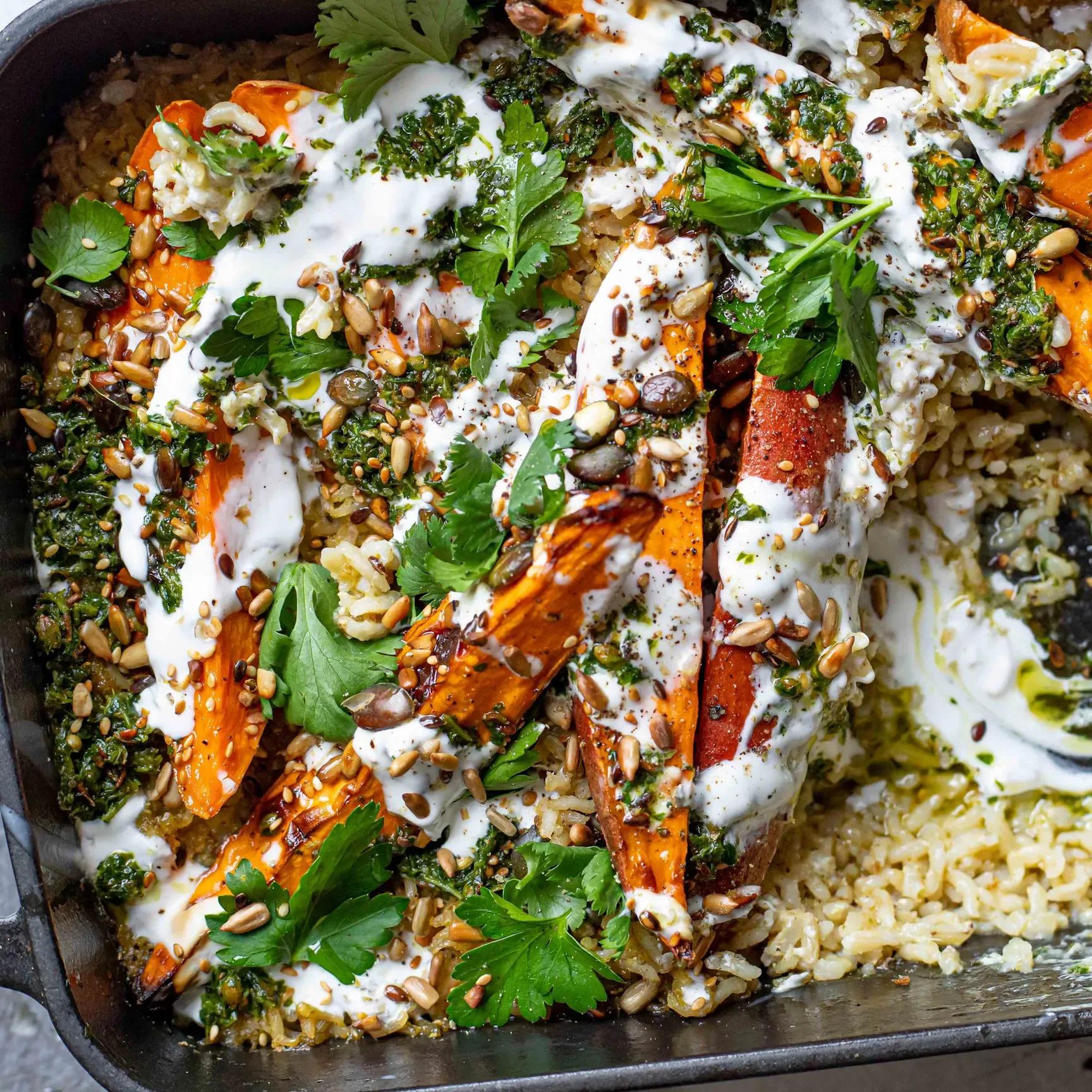 Sweet Potato Spiced Coconut Rice Traybake With Zhoug